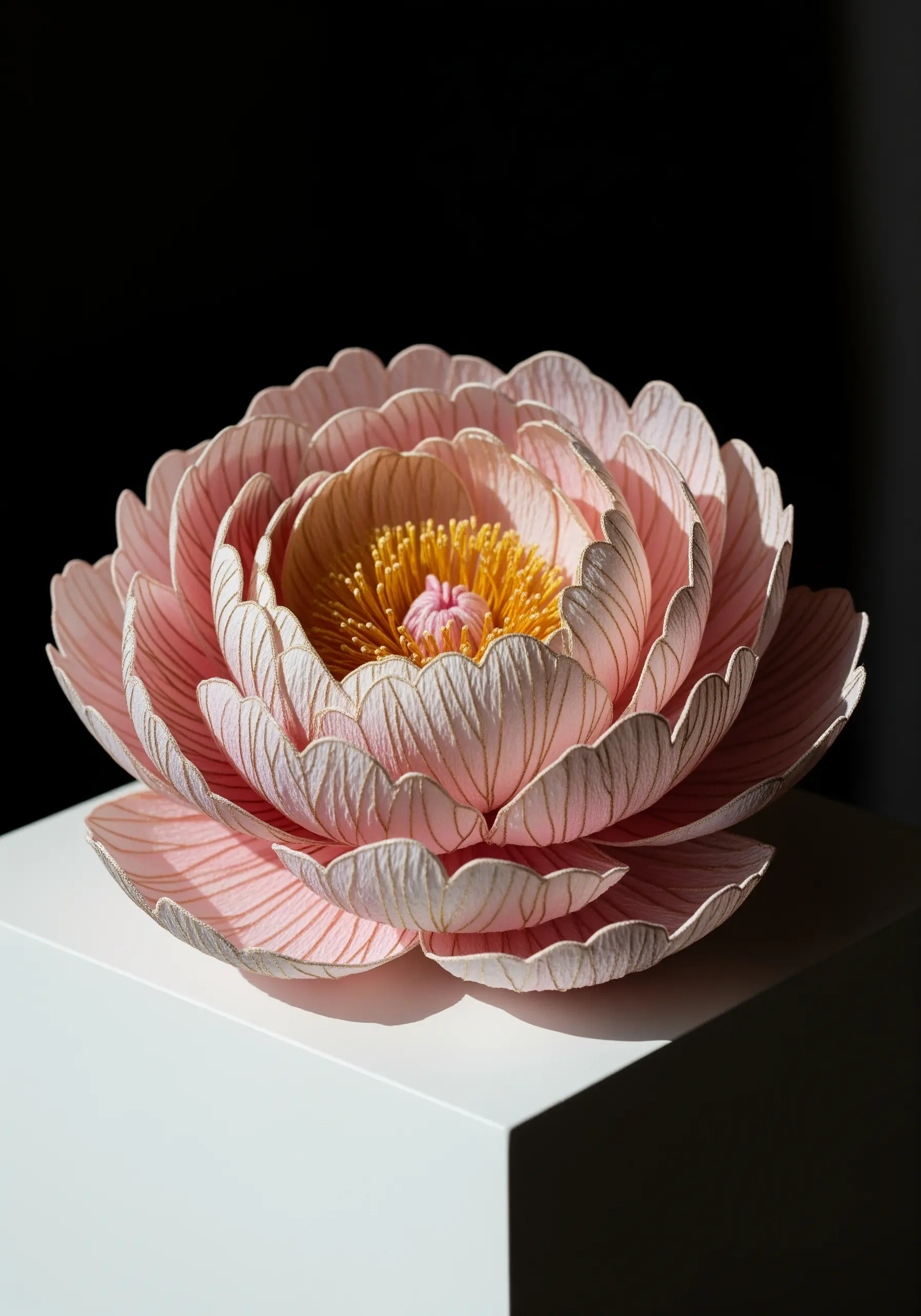 A large, 3D sculptural paper peony with delicate gold thread stitched as veins on the petals.