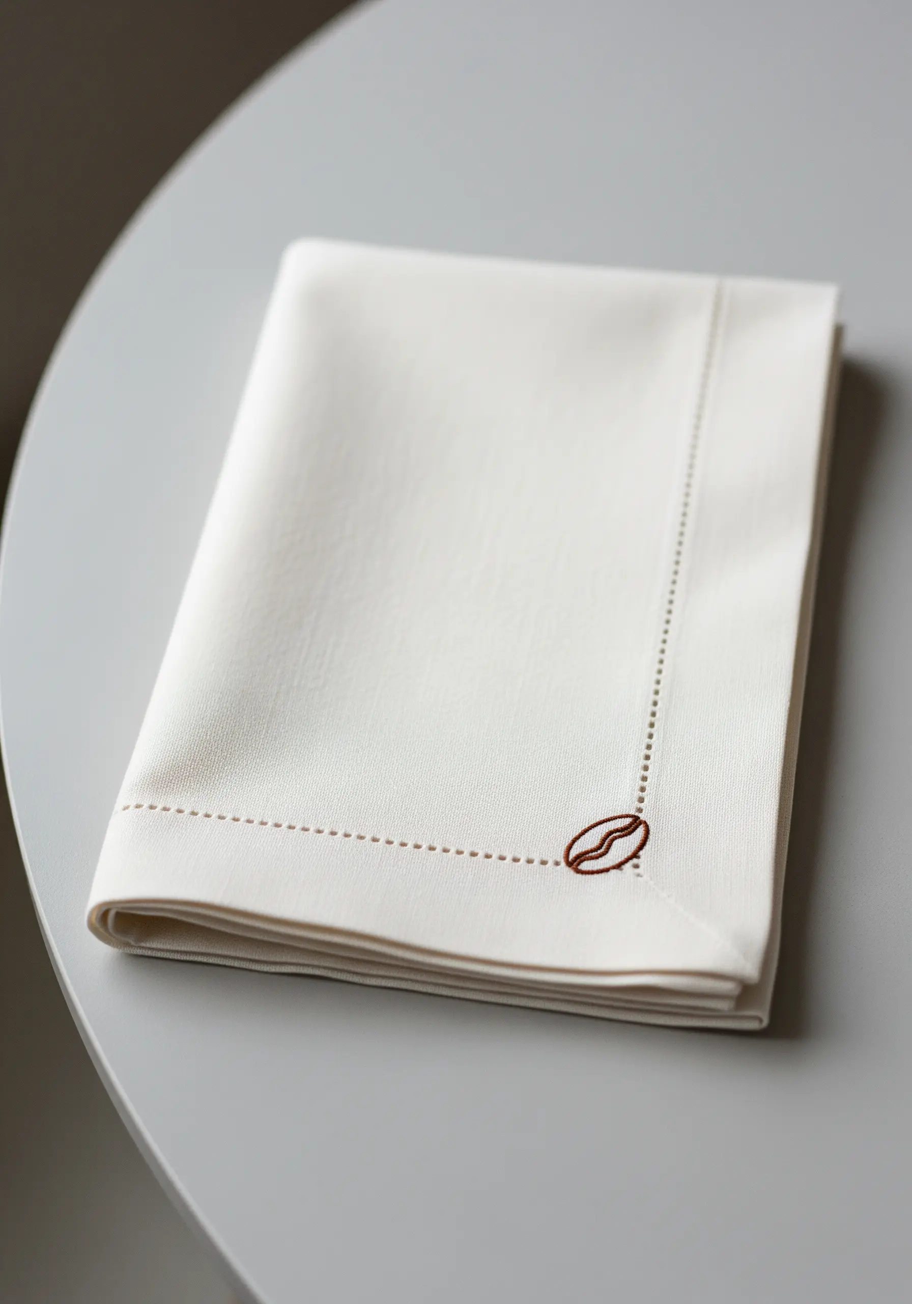A small, satin-stitched coffee bean motif on the corner of a folded white linen napkin.