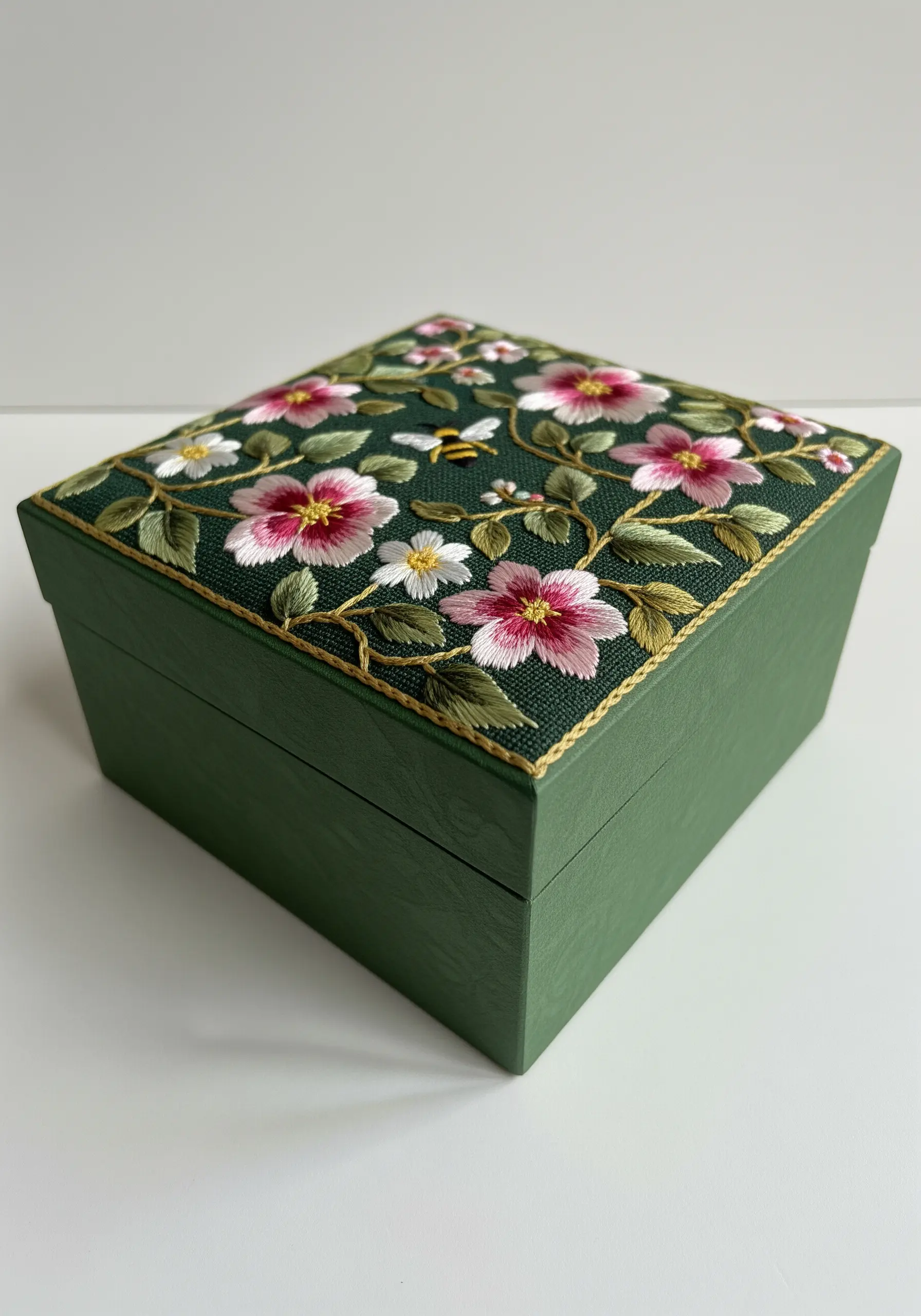 A keepsake box with a lid covered in a richly embroidered panel of pink flowers and a bee.