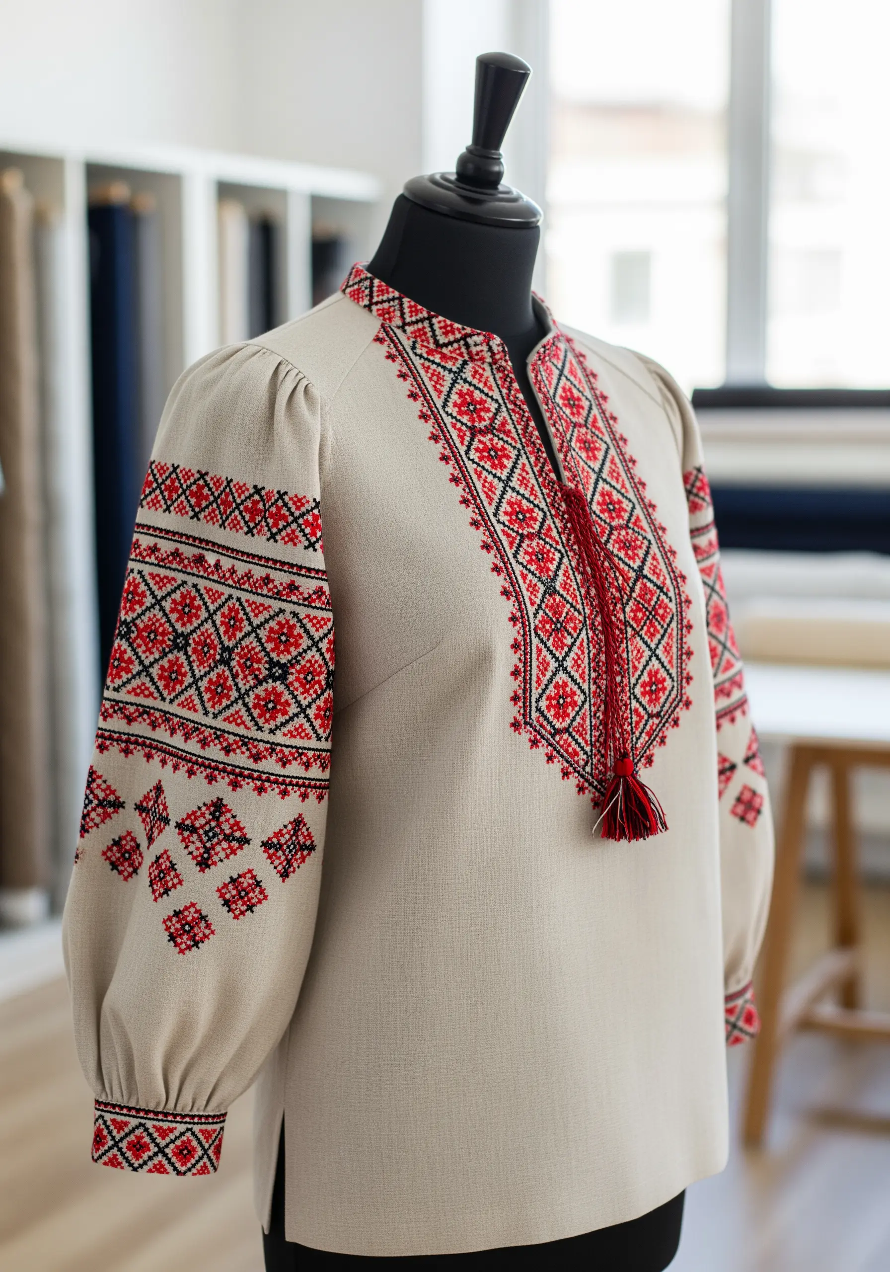 A traditional Ukrainian Vyshyvanka blouse with red and black geometric embroidery.