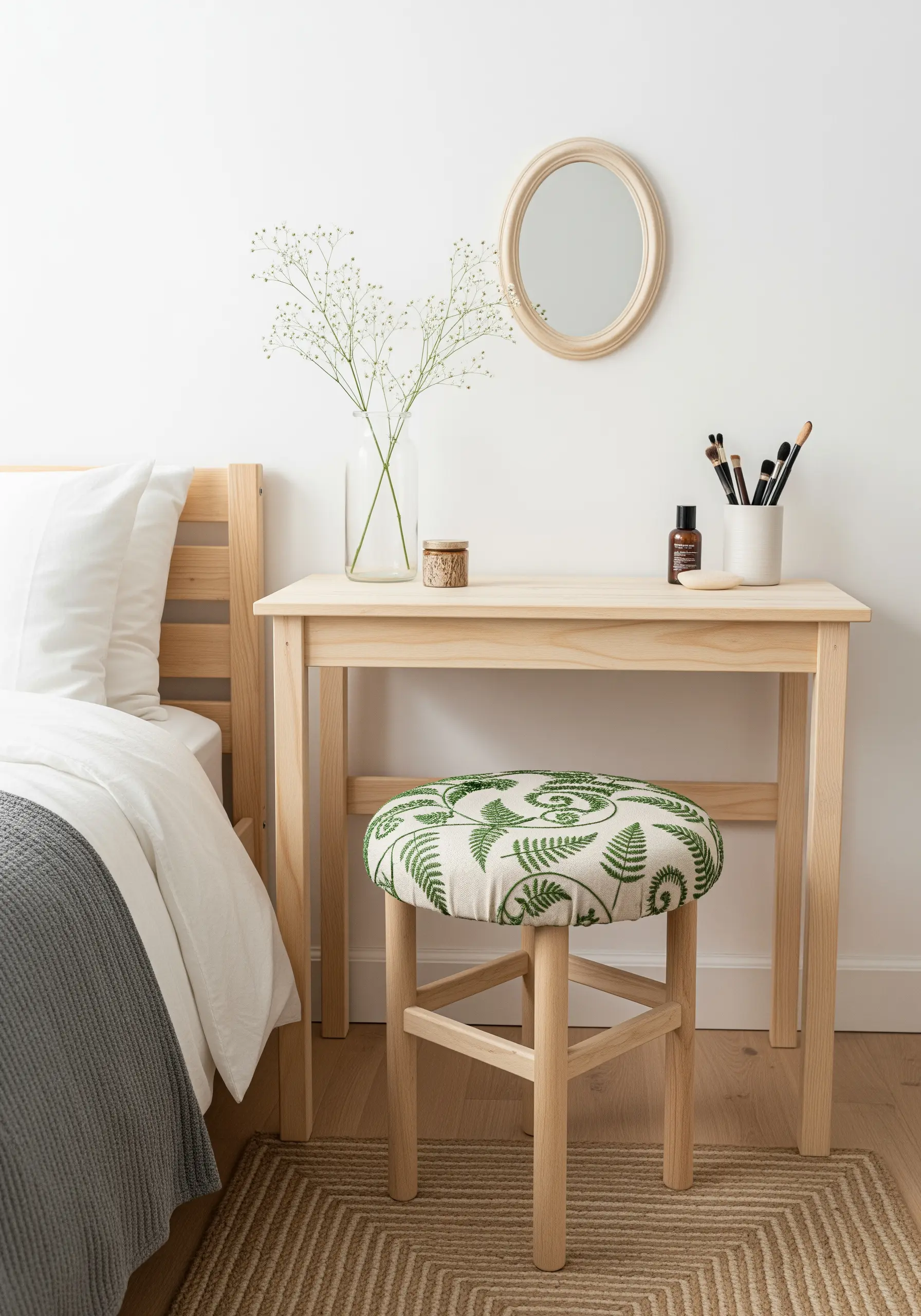 A repeating green fern pattern embroidered on fabric covering a small stool.