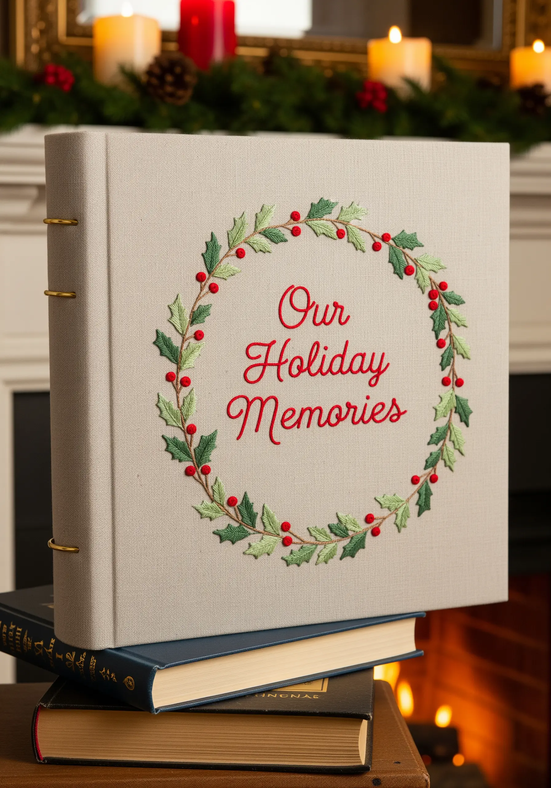 A linen-covered photo album with an embroidered wreath of holly and berries encircling the text 'Our Holiday Memories'.