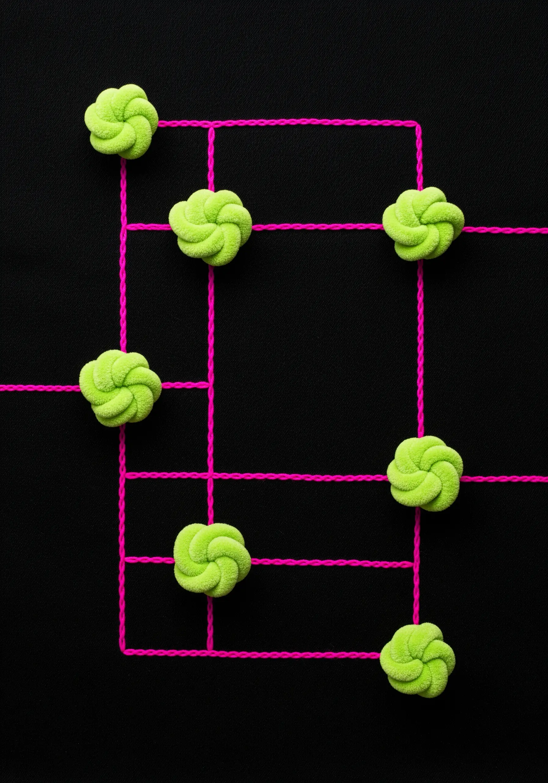 Bright green sculptural knots placed on a black background, connected by a grid of neon pink lines.