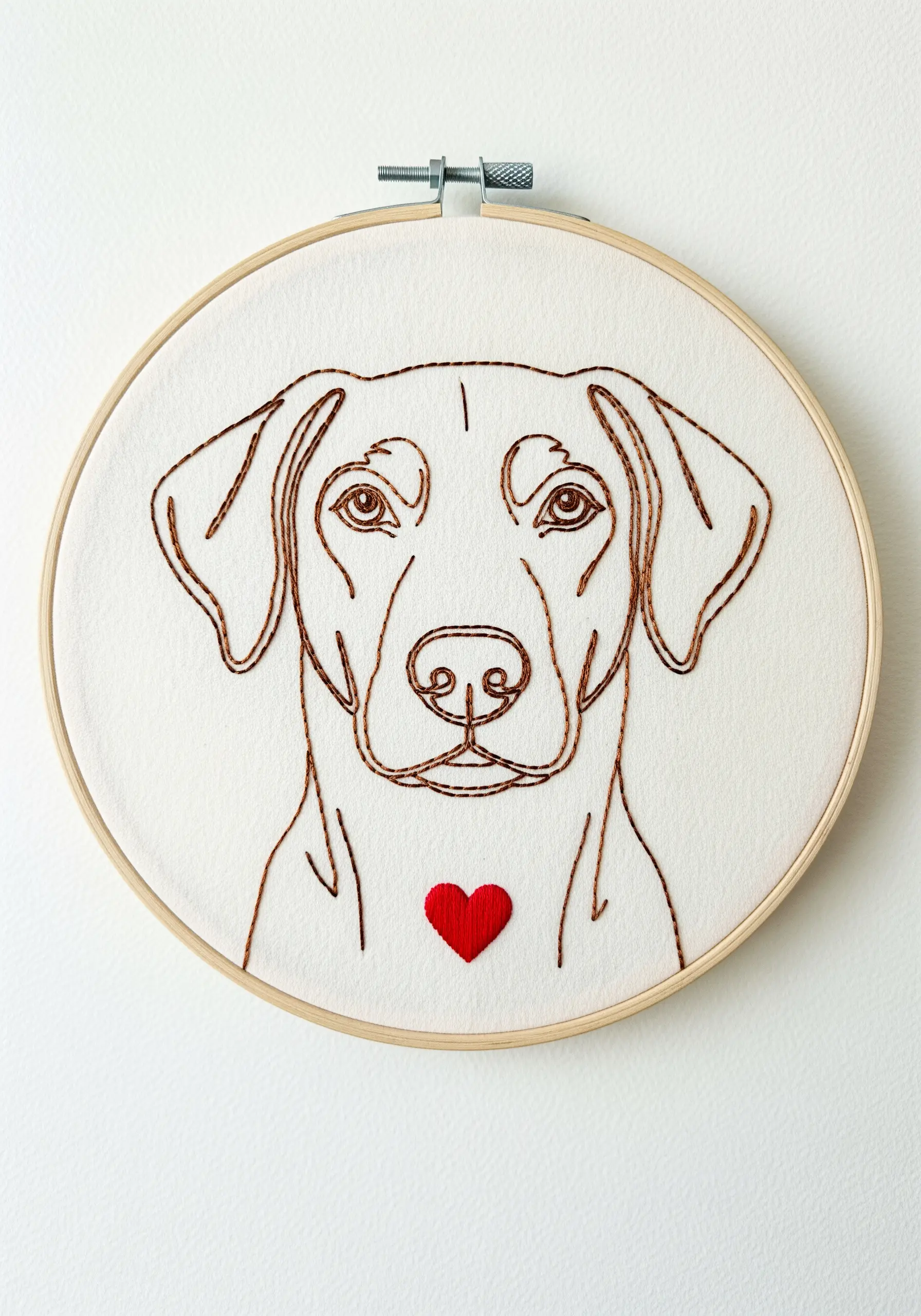 A line art portrait of a Labrador's head and chest, with a solid red satin-stitched heart.
