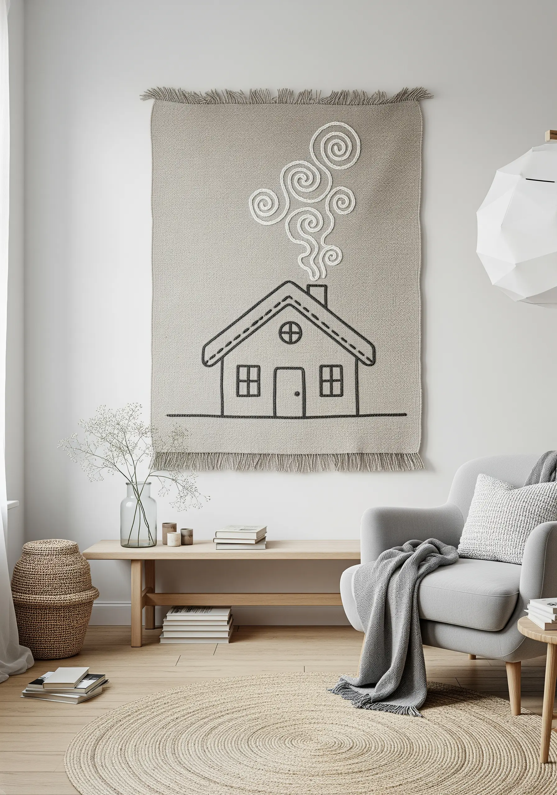 A large linen wall hanging with a line-art house and highly textured embroidered smoke.