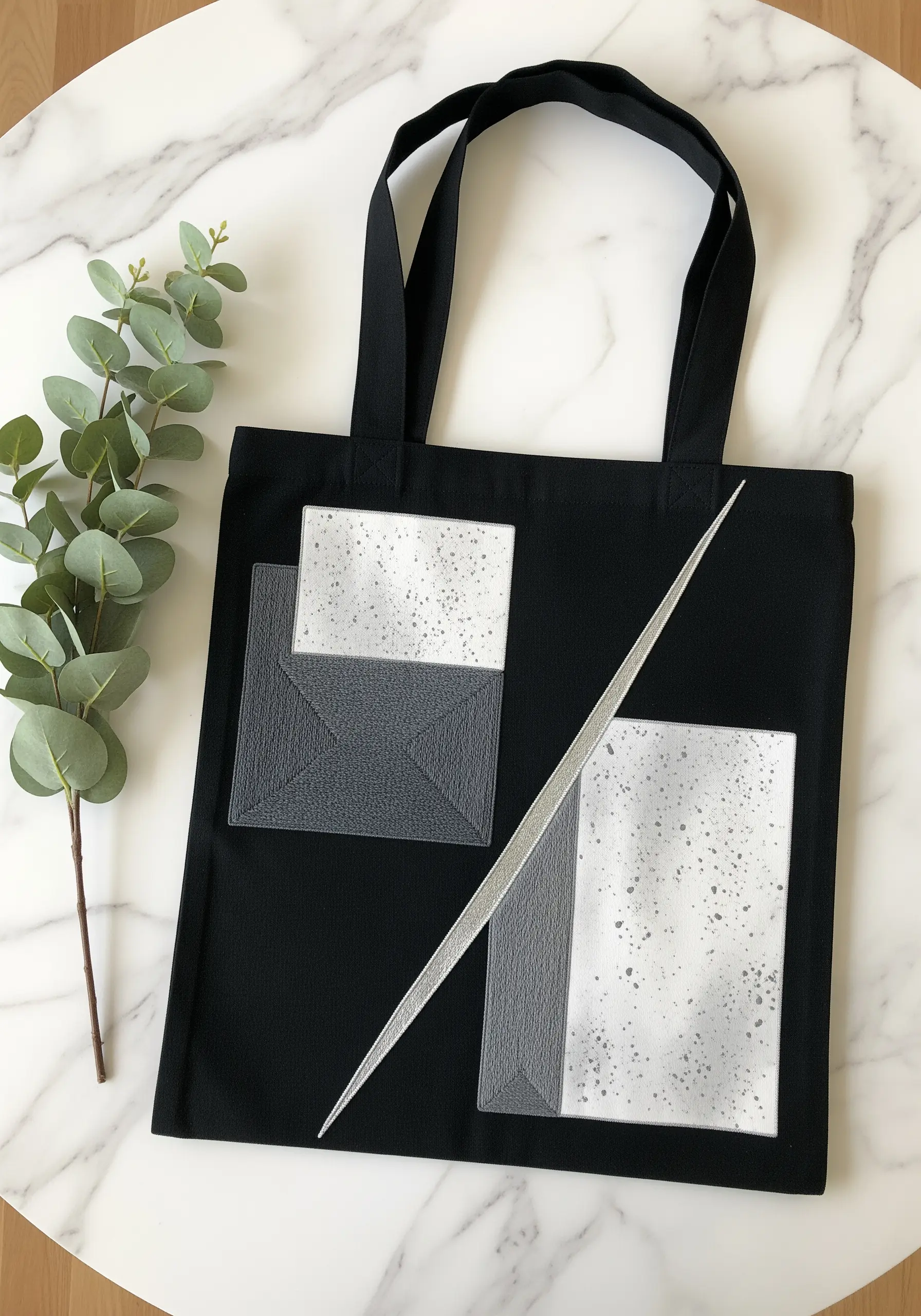 Monochrome geometric appliqué shapes with minimal stitching on a black tote bag.