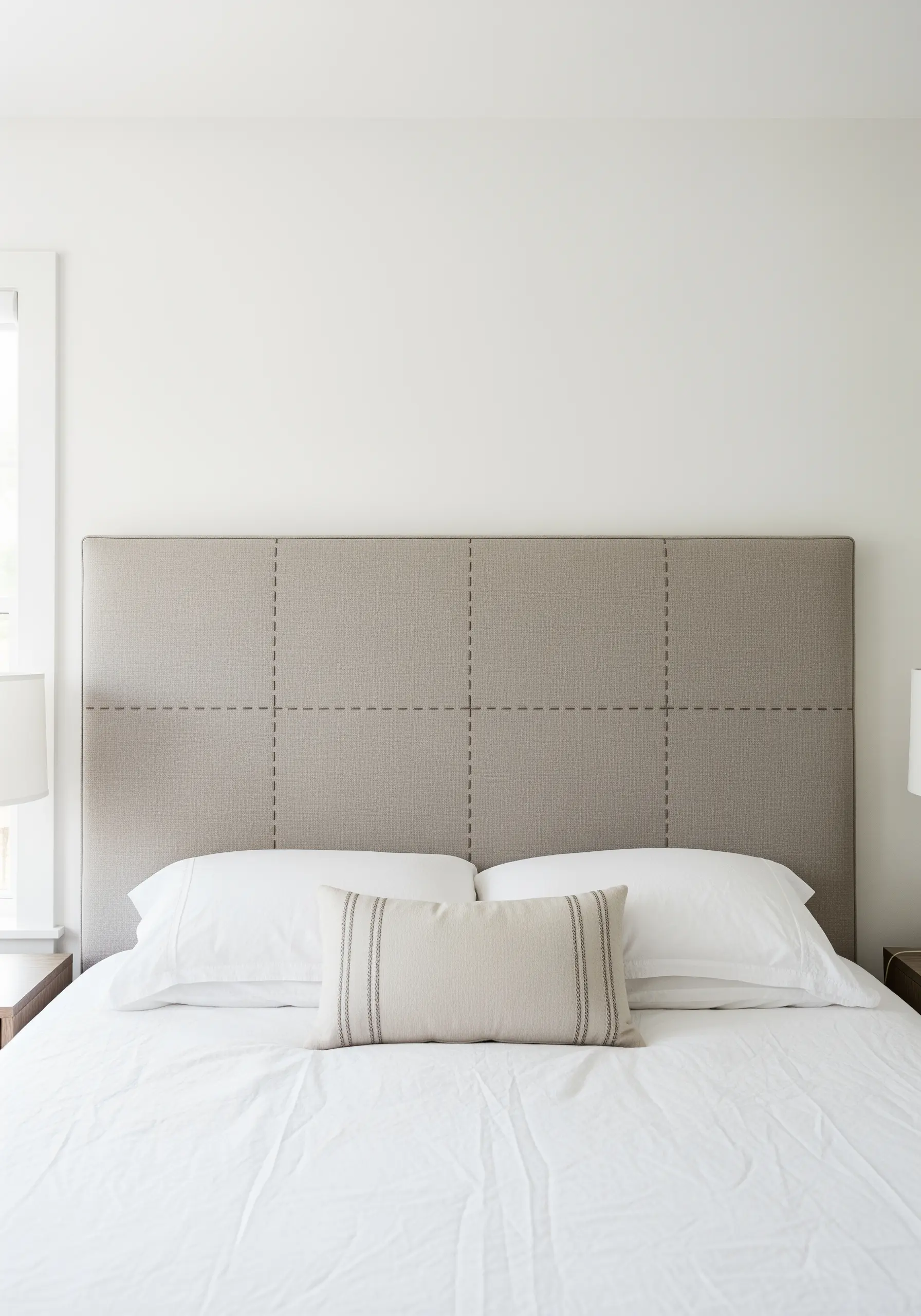 Hand-stitched grid pattern using running stitches on a grey upholstered headboard.