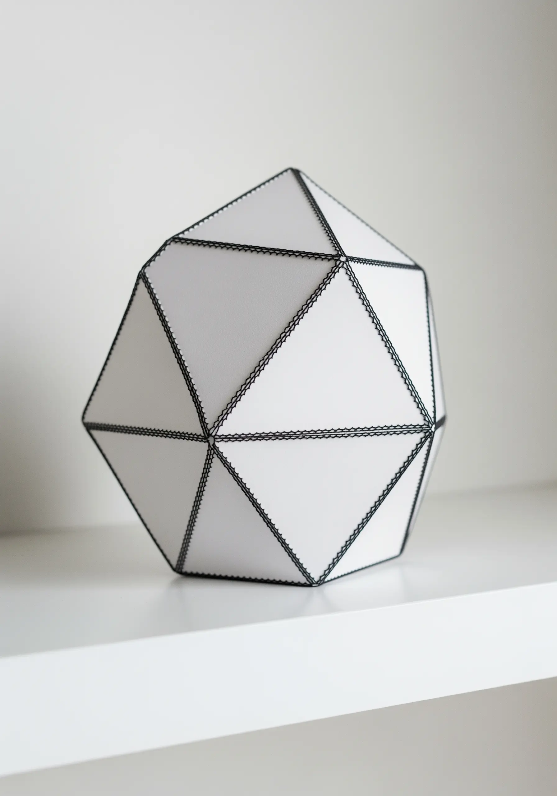 A white geometric icosahedron made of paper panels stitched together with black thread.
