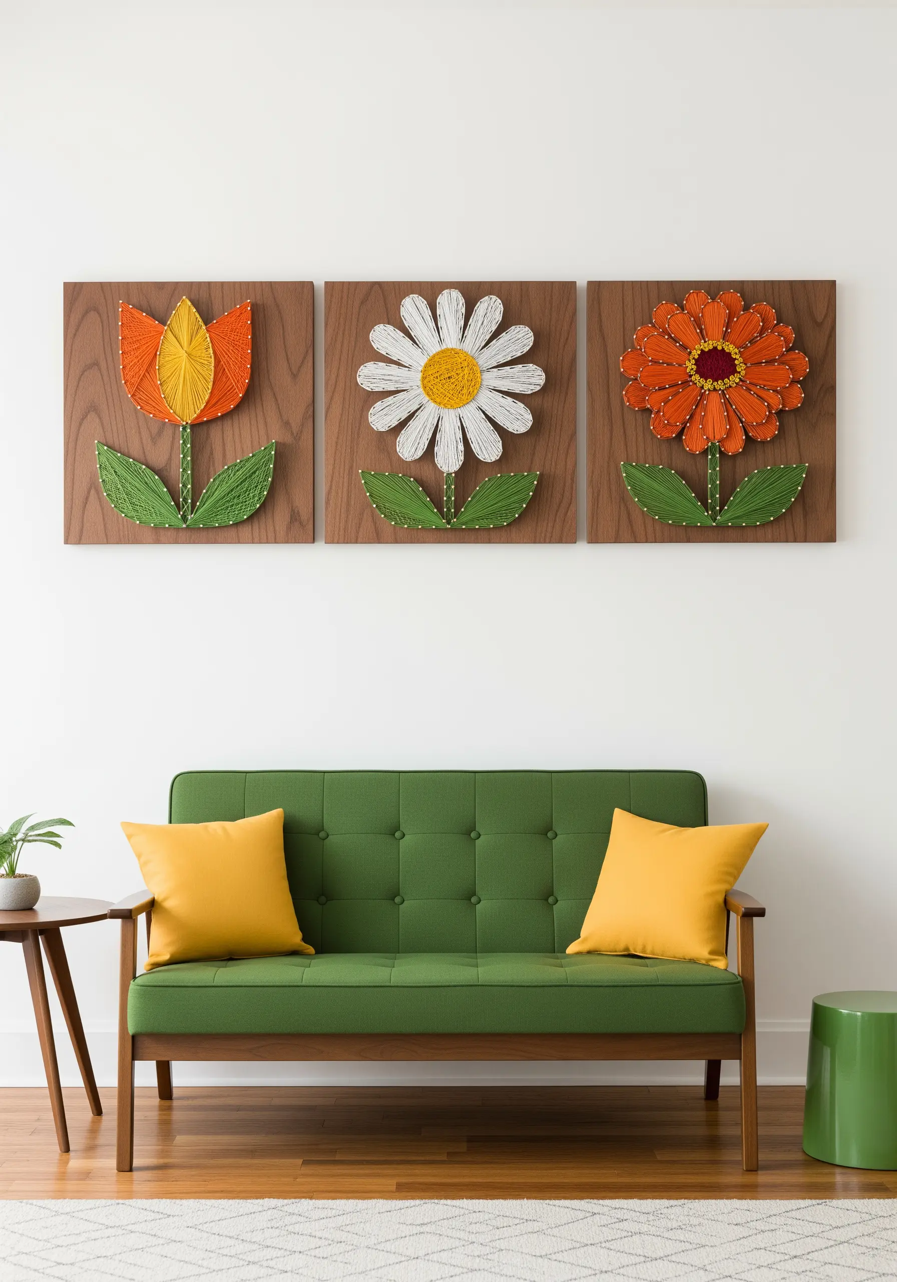 A triptych of three wooden panels, each with a single stylized string art flower.