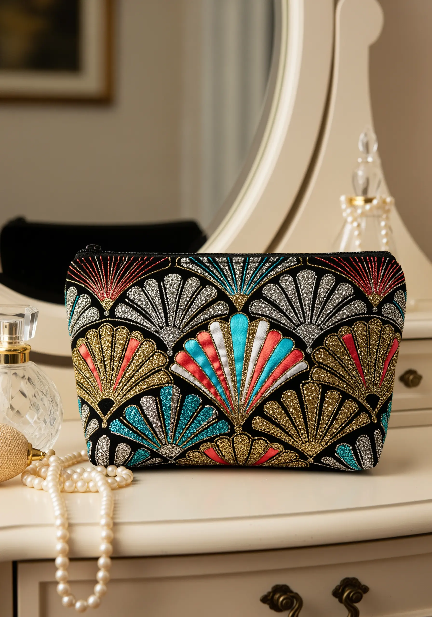 An Art Deco style makeup bag embroidered with silver, gold, teal, and coral fan motifs on black velvet.