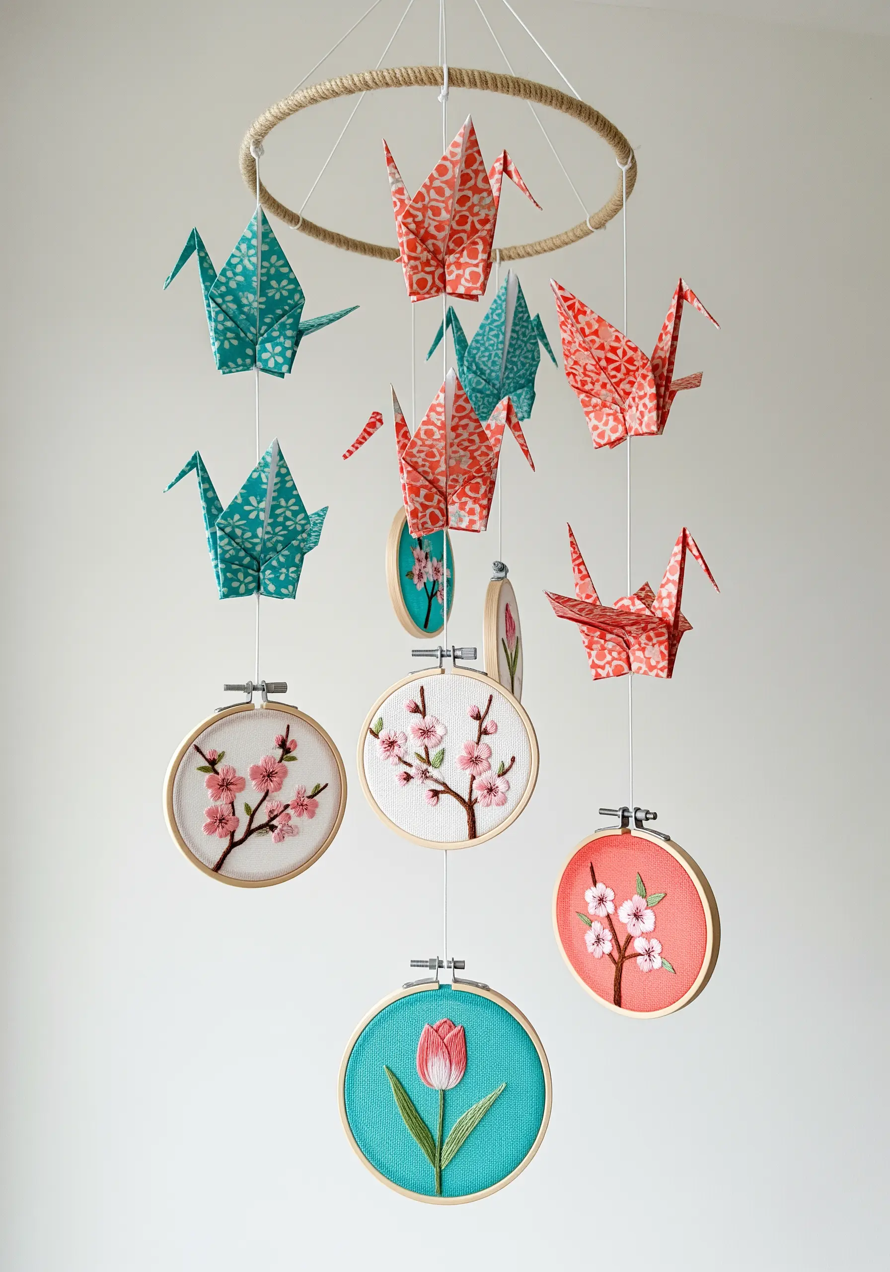 A nursery mobile combining patterned origami paper cranes and small floral embroidery hoops.