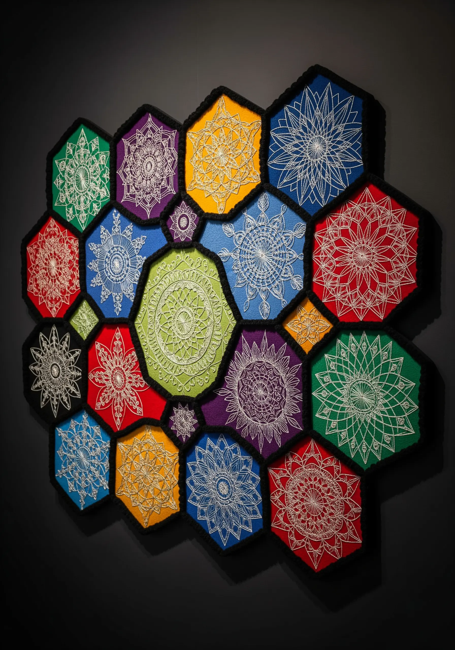 A colorful wall hanging made of hexagonal patches, each embroidered with a white mandala.