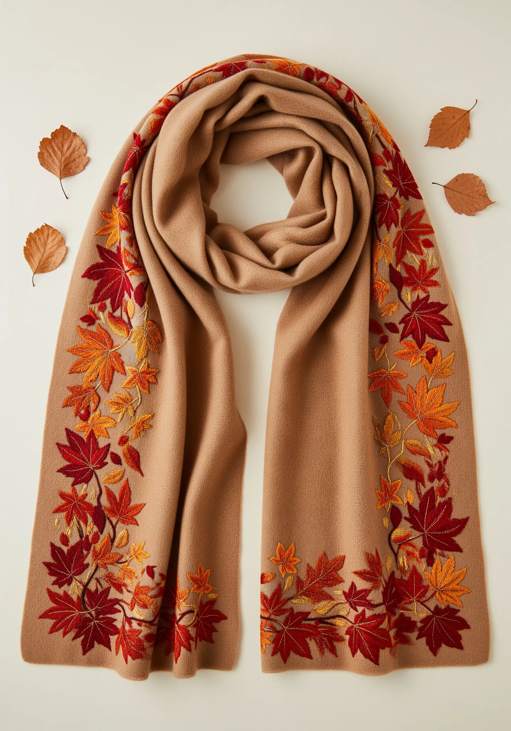 A beige cashmere scarf with richly embroidered autumn leaves in red, orange, and yellow along the edges.