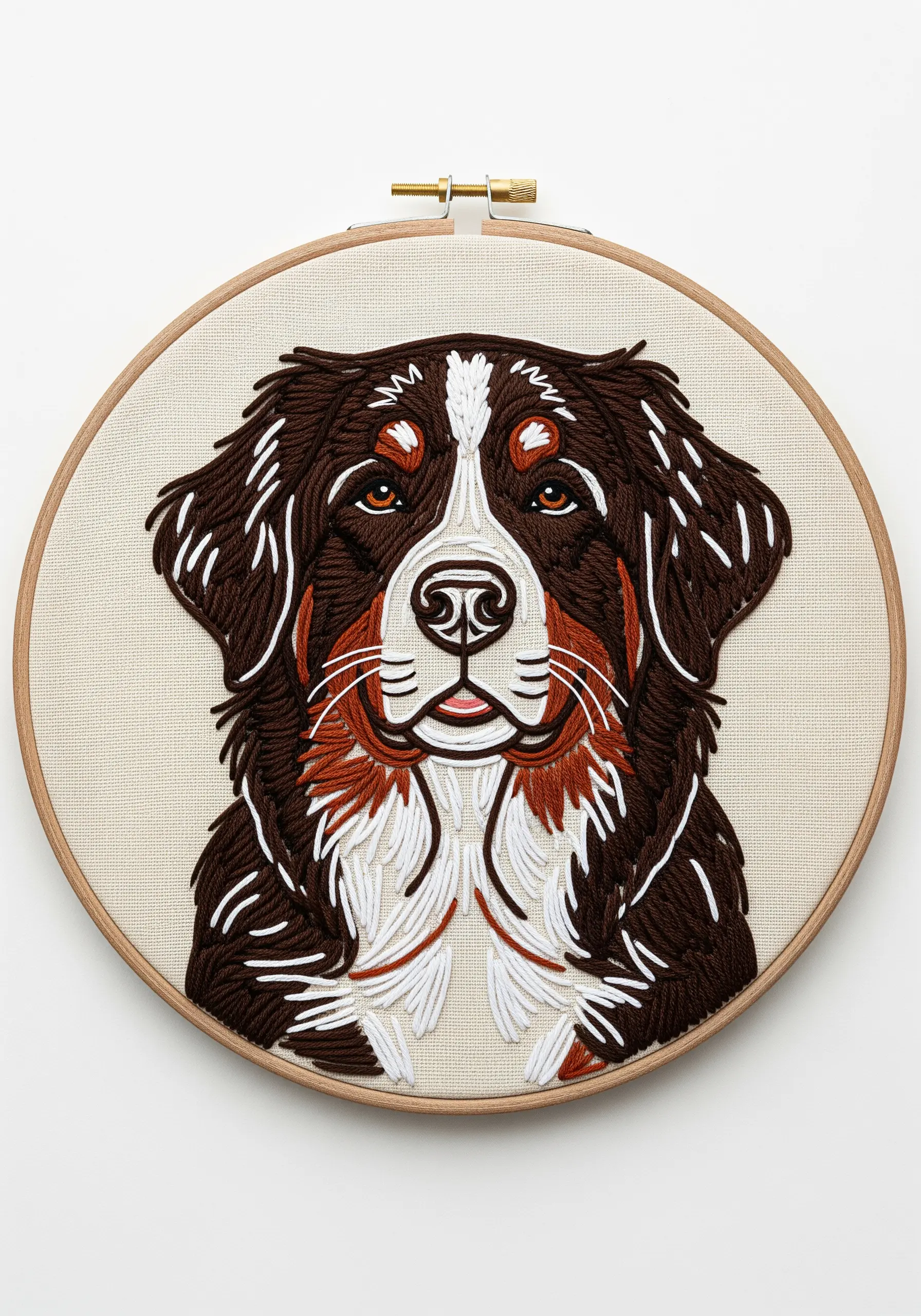 A portrait of a Bernese Mountain Dog combining line art with blocks of satin stitch.