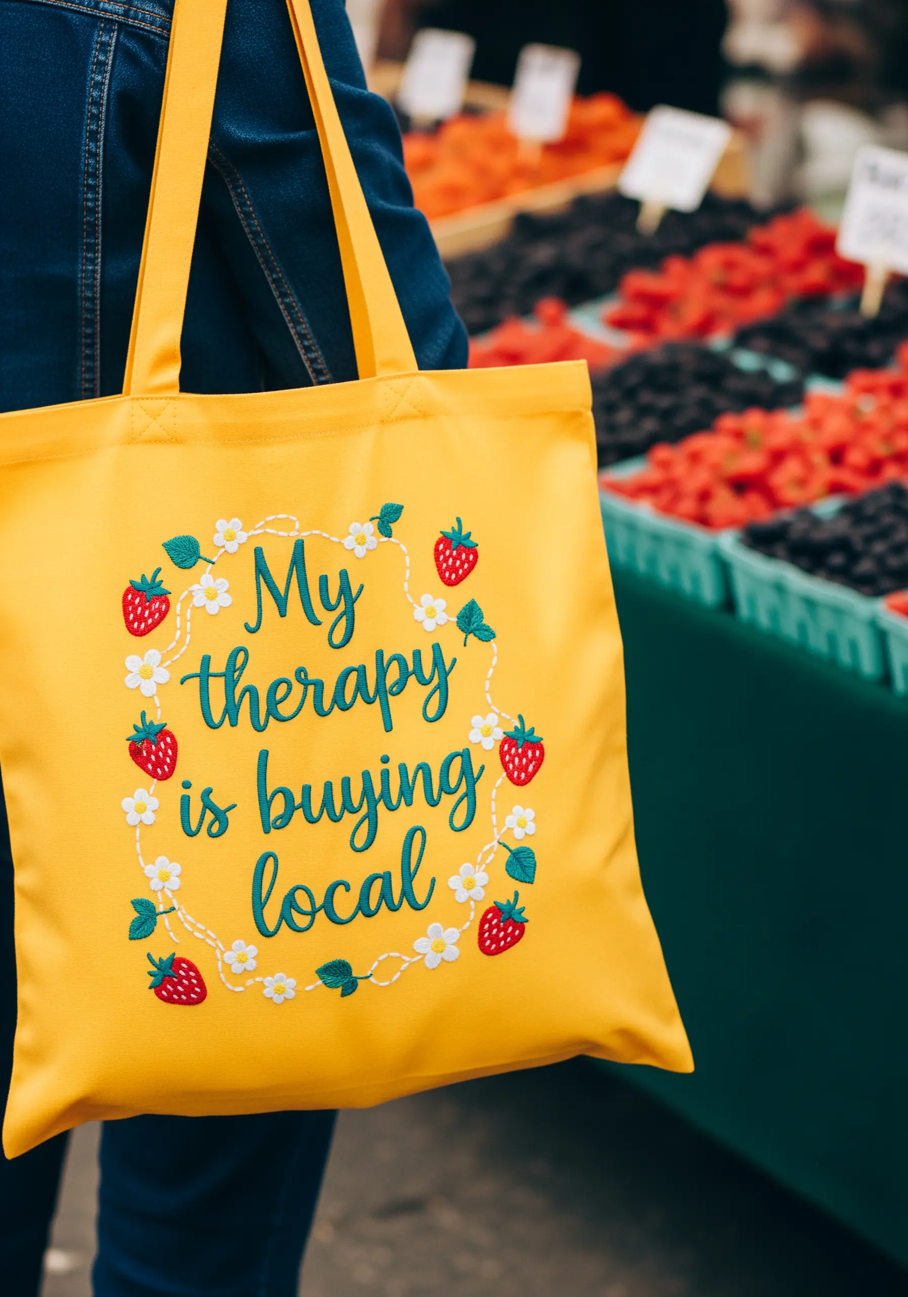 Yellow tote bag with a whimsical embroidered quote framed by strawberries and flowers.