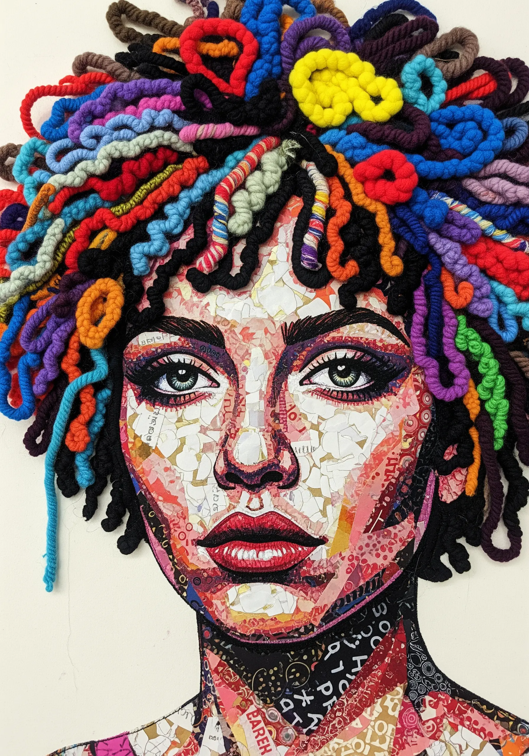 A vibrant mixed-media portrait with a paper collage face and colorful, sculptural yarn for hair.