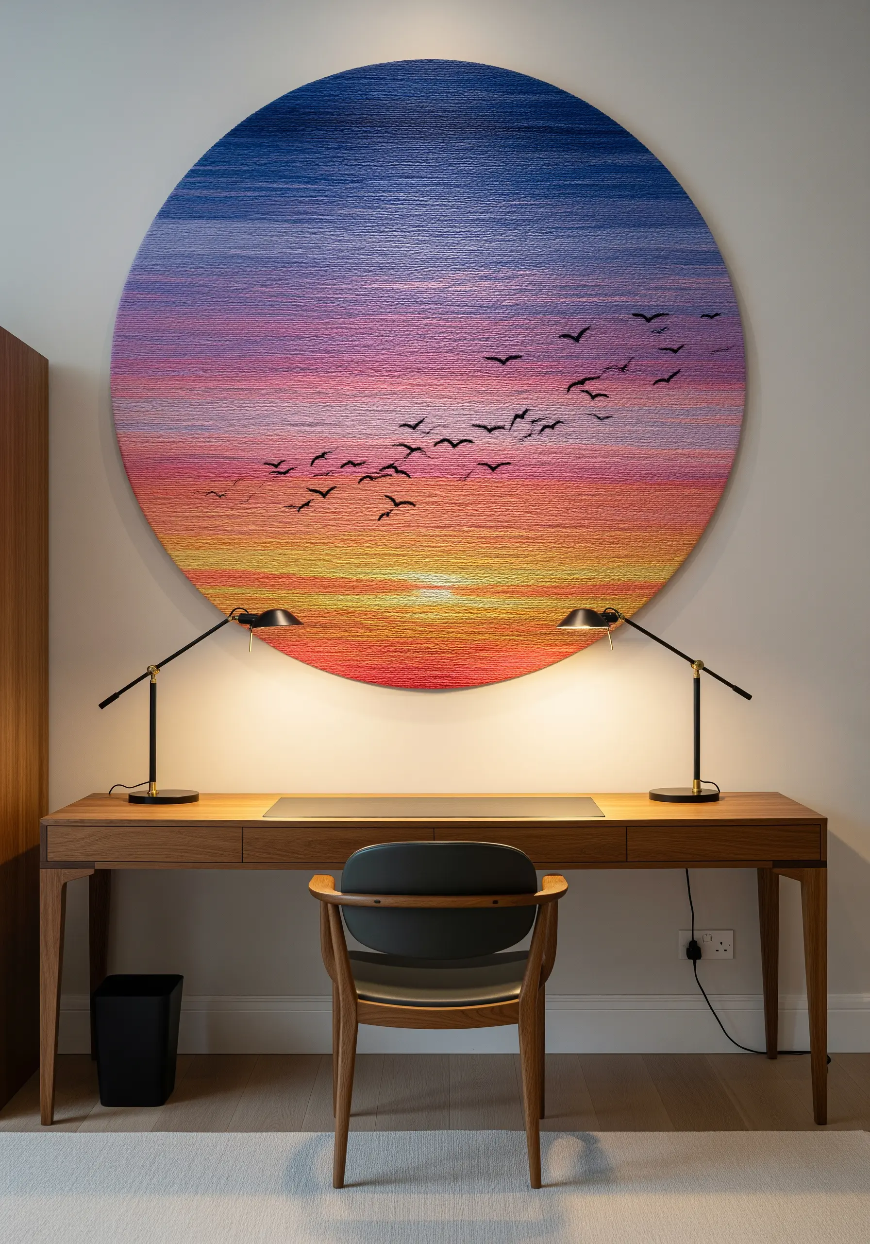 Circular embroidery art of a sunset gradient with bird silhouettes, made with thread painting.
