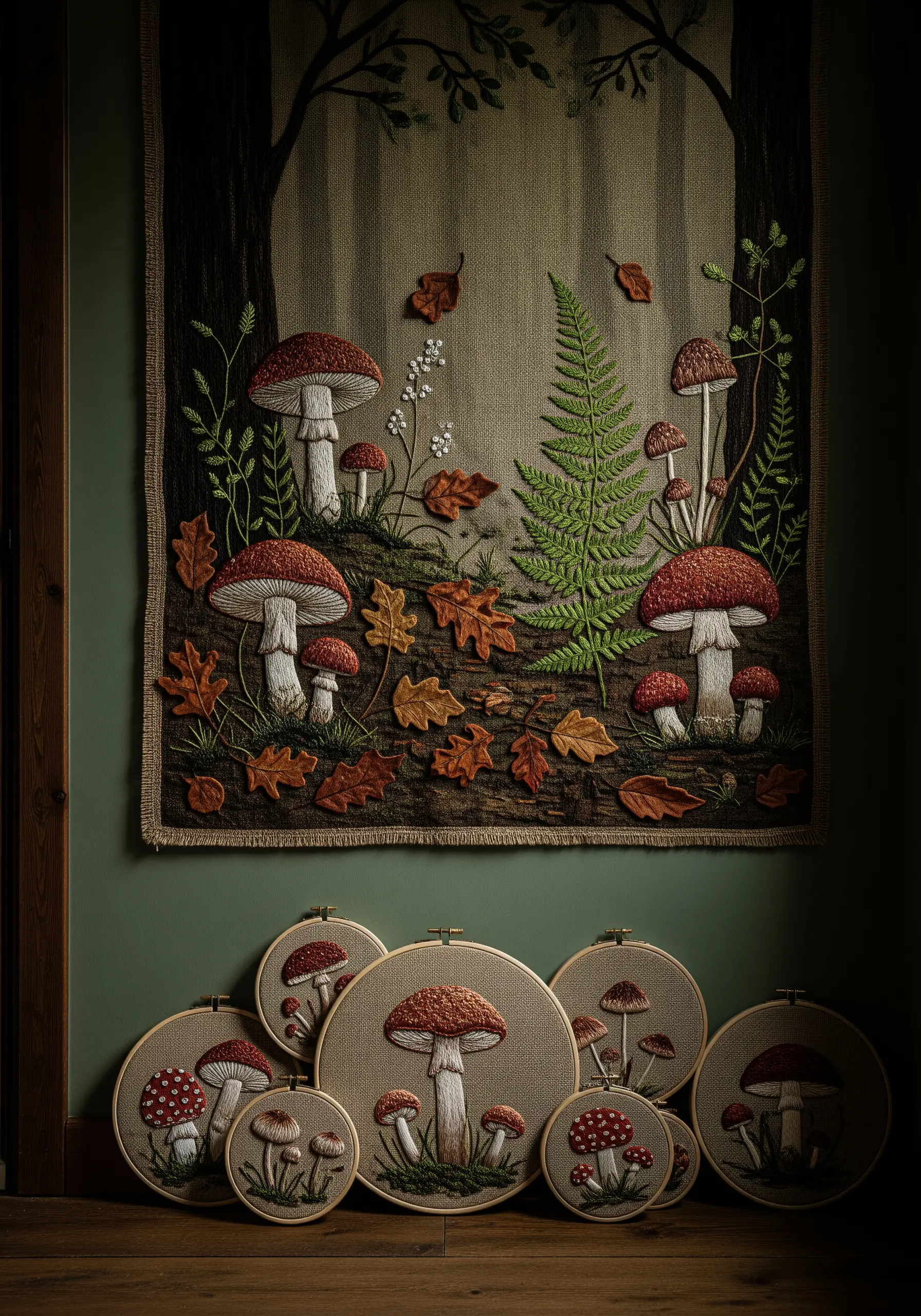 An embroidered forest tapestry with several small hoops highlighting individual mushrooms from the scene.