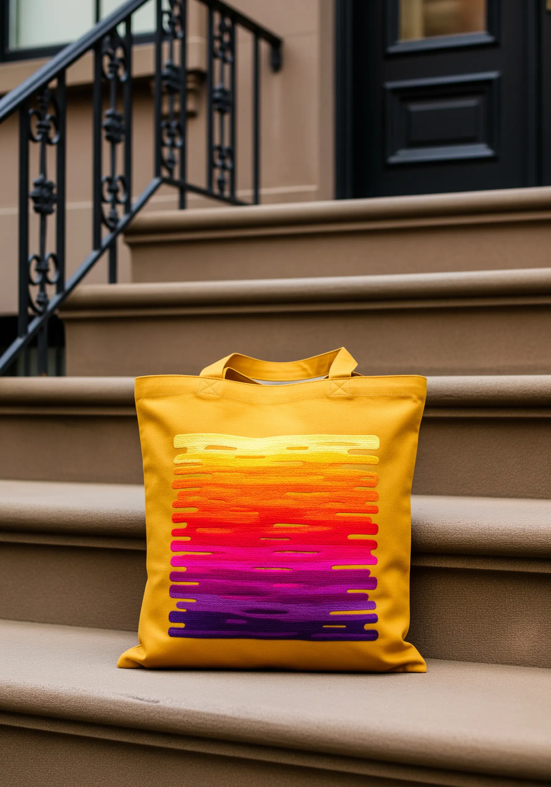 A sunset gradient from yellow to purple embroidered with irregular edges on a tote bag.