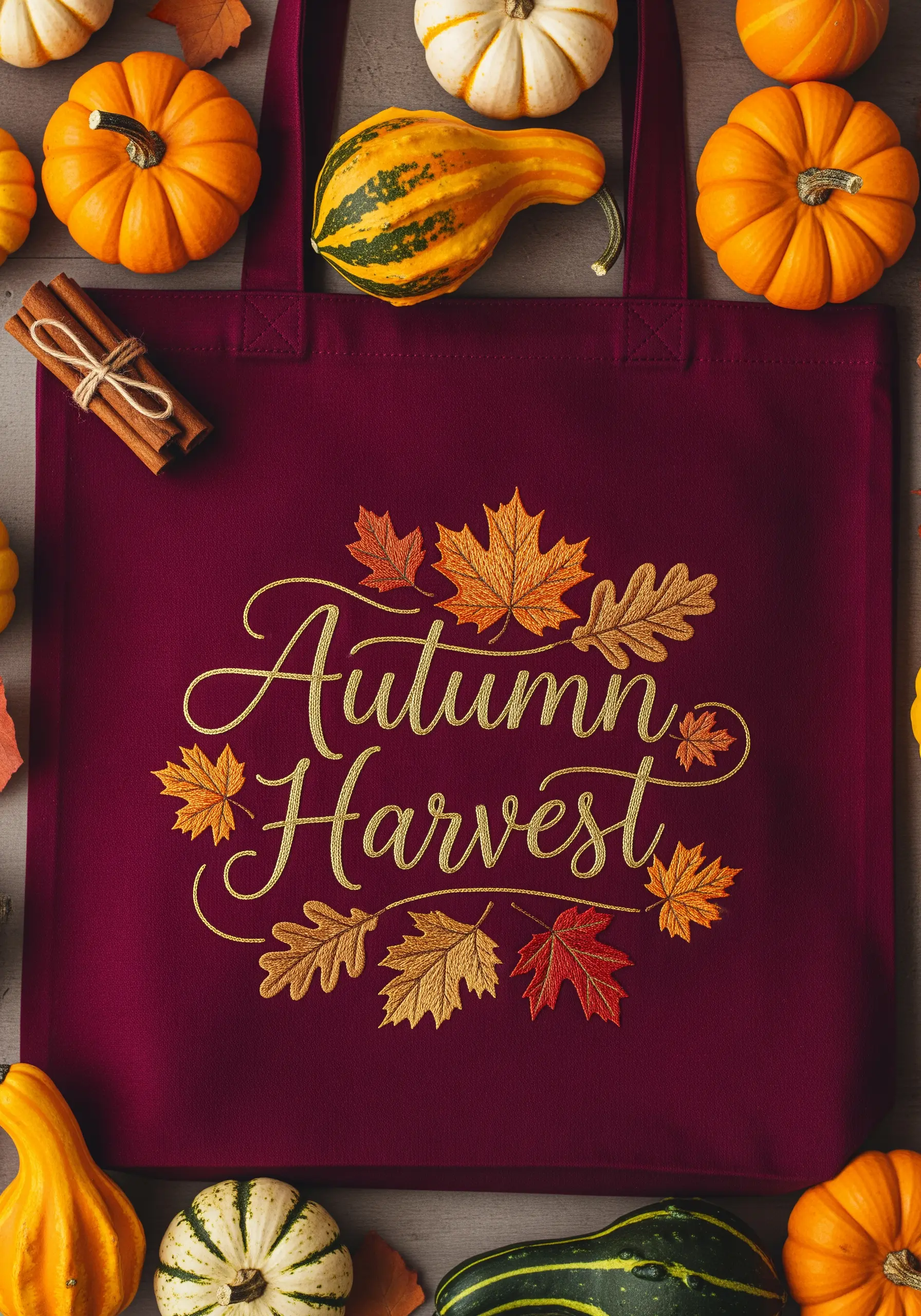 Burgundy tote with 'Autumn Harvest' in elegant script, surrounded by embroidered fall leaves.