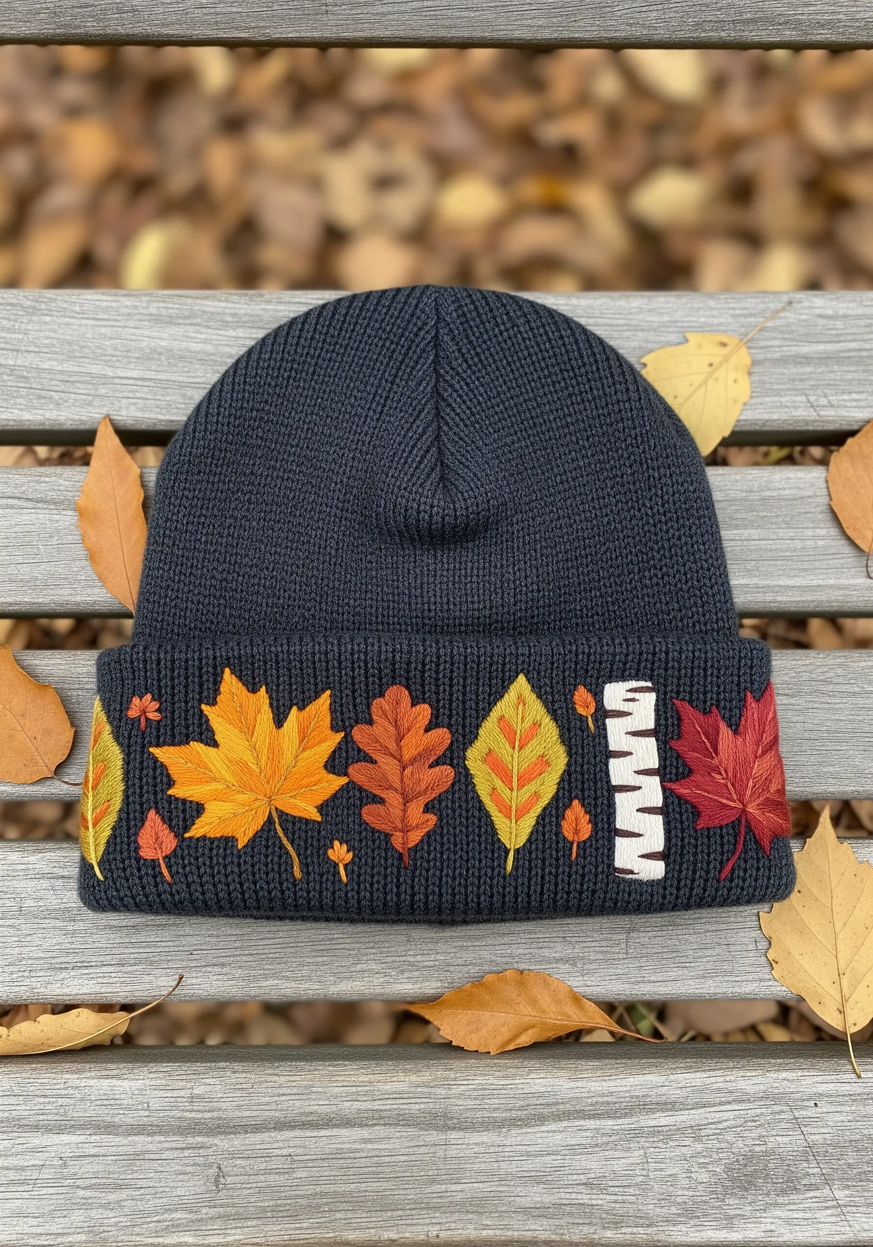 A row of colorful, thread-painted autumn leaves embroidered on the cuff of a dark beanie.
