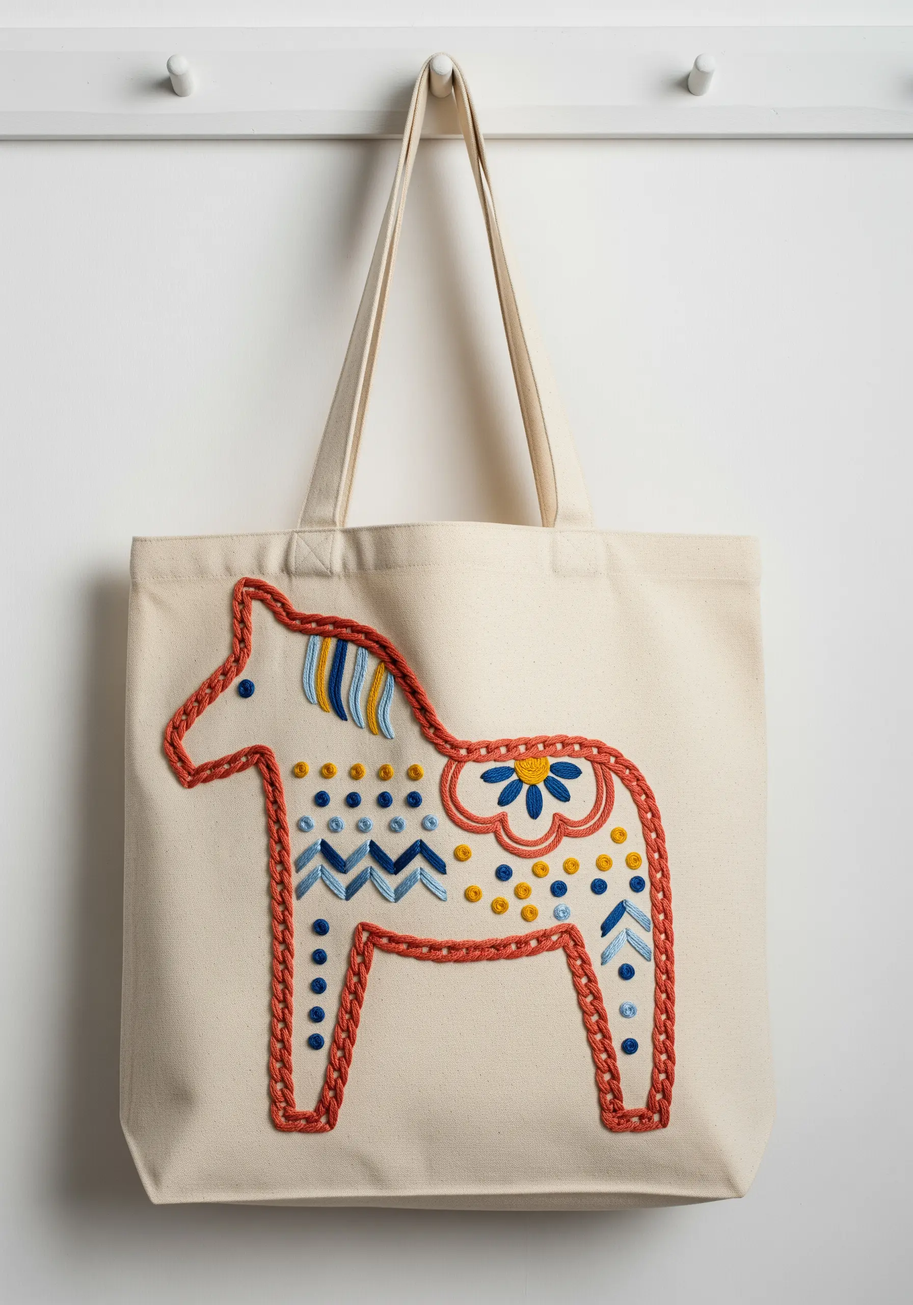 A Scandinavian Dala horse embroidered on a canvas tote bag with colorful geometric patterns.