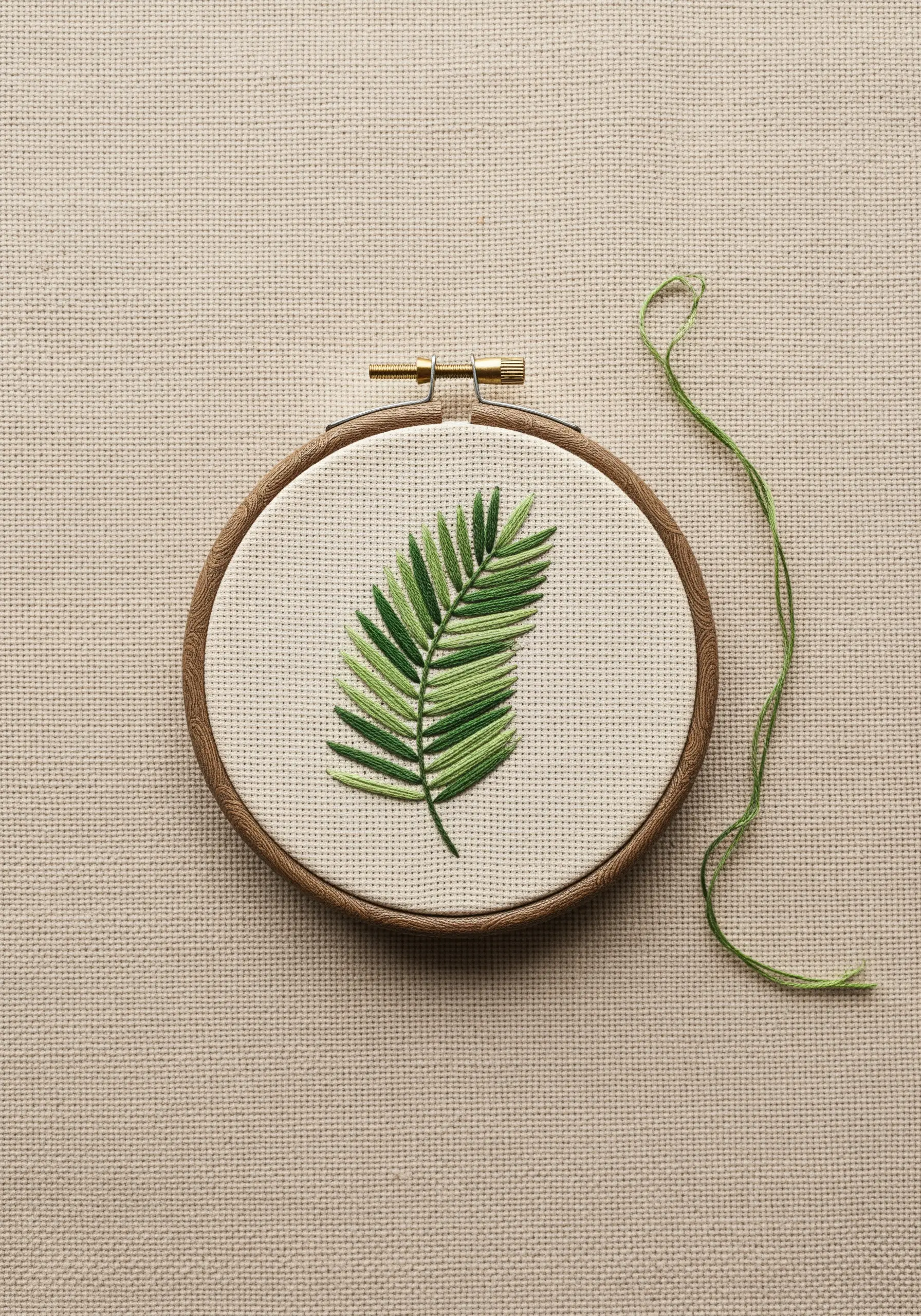 A single palm leaf embroidered with blended green threads.