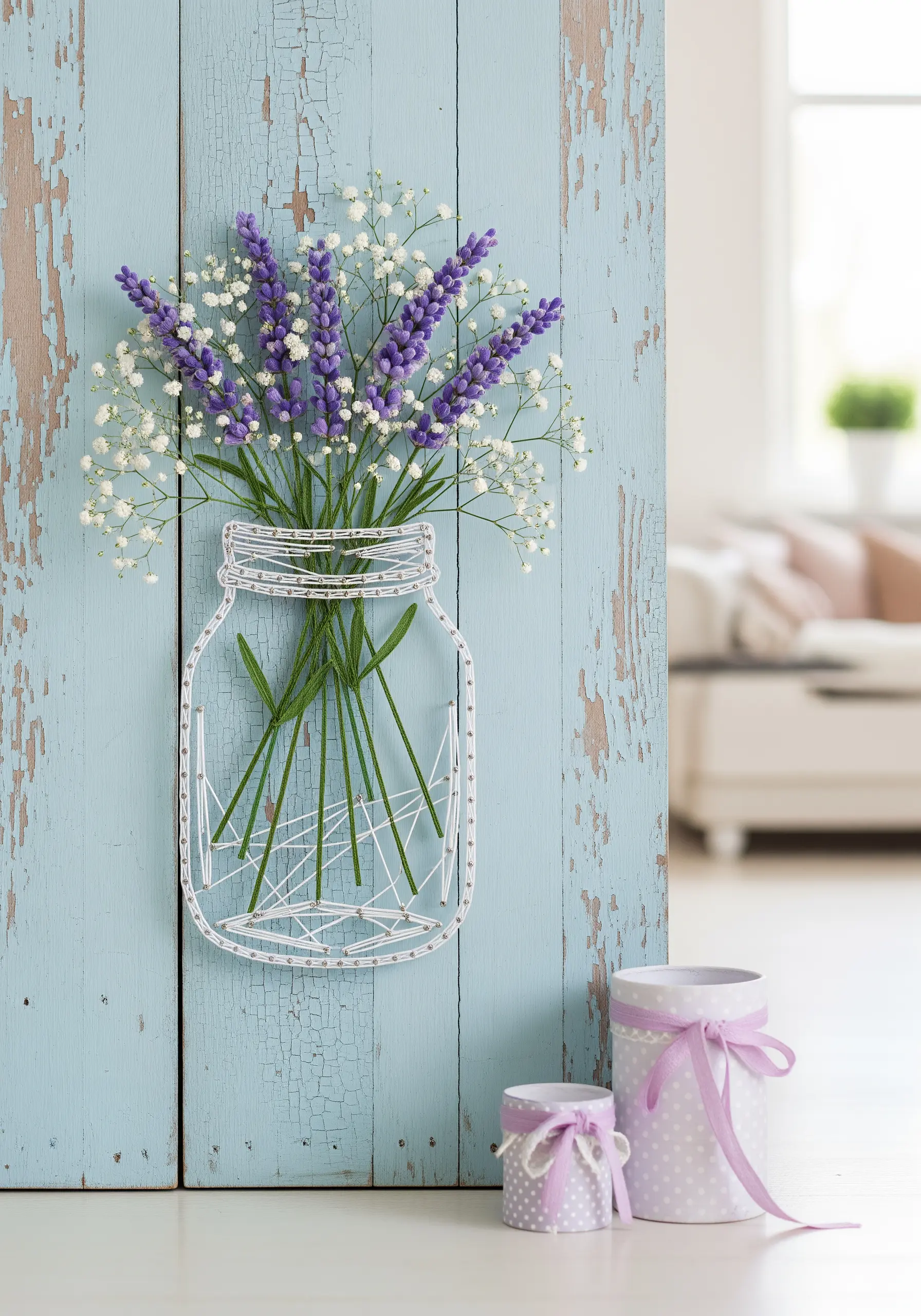 String art outline of a mason jar on a blue wooden board, filled with real flowers.