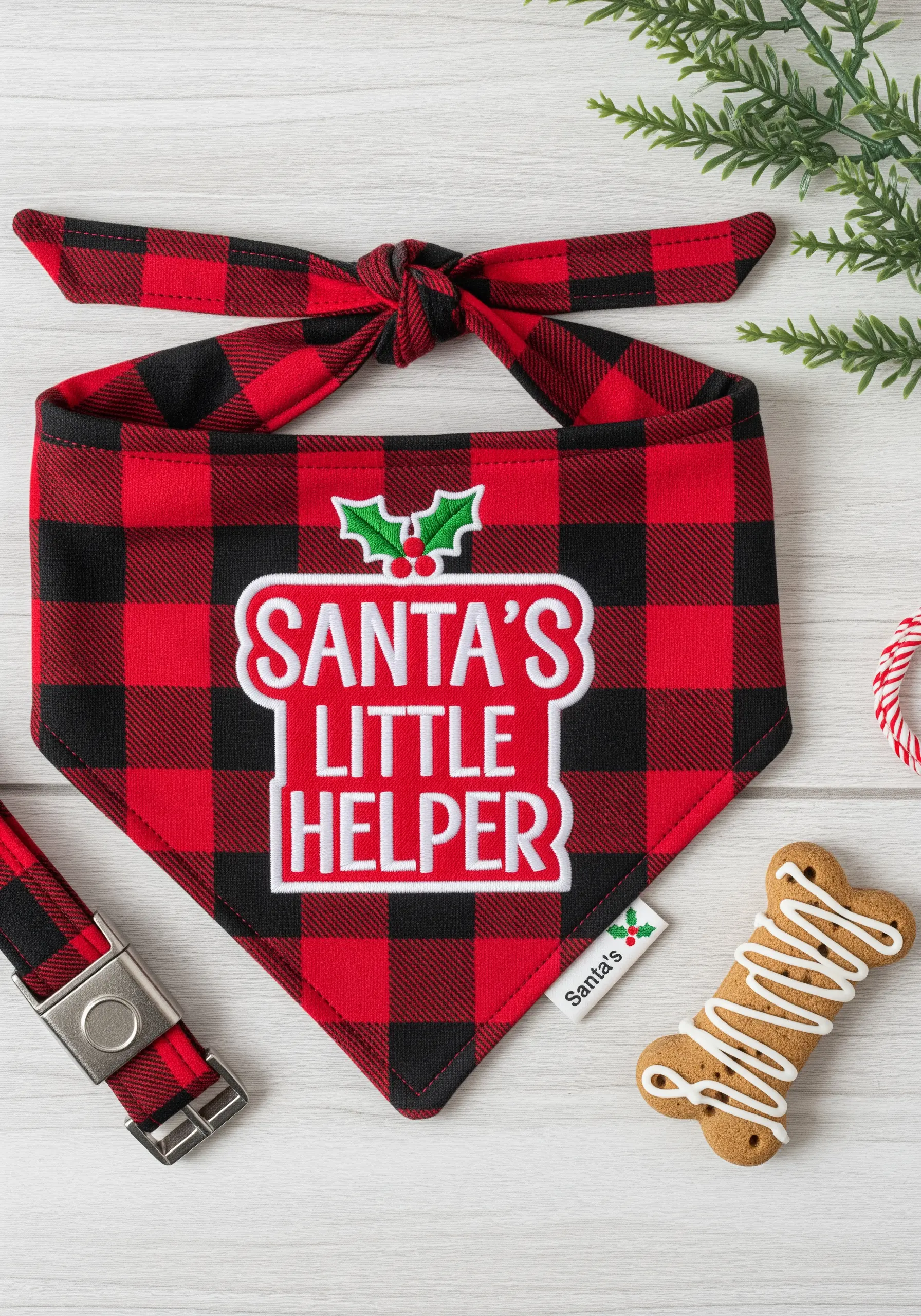 A red and black buffalo plaid dog bandana with the text 'Santa's Little Helper' embroidered in white.