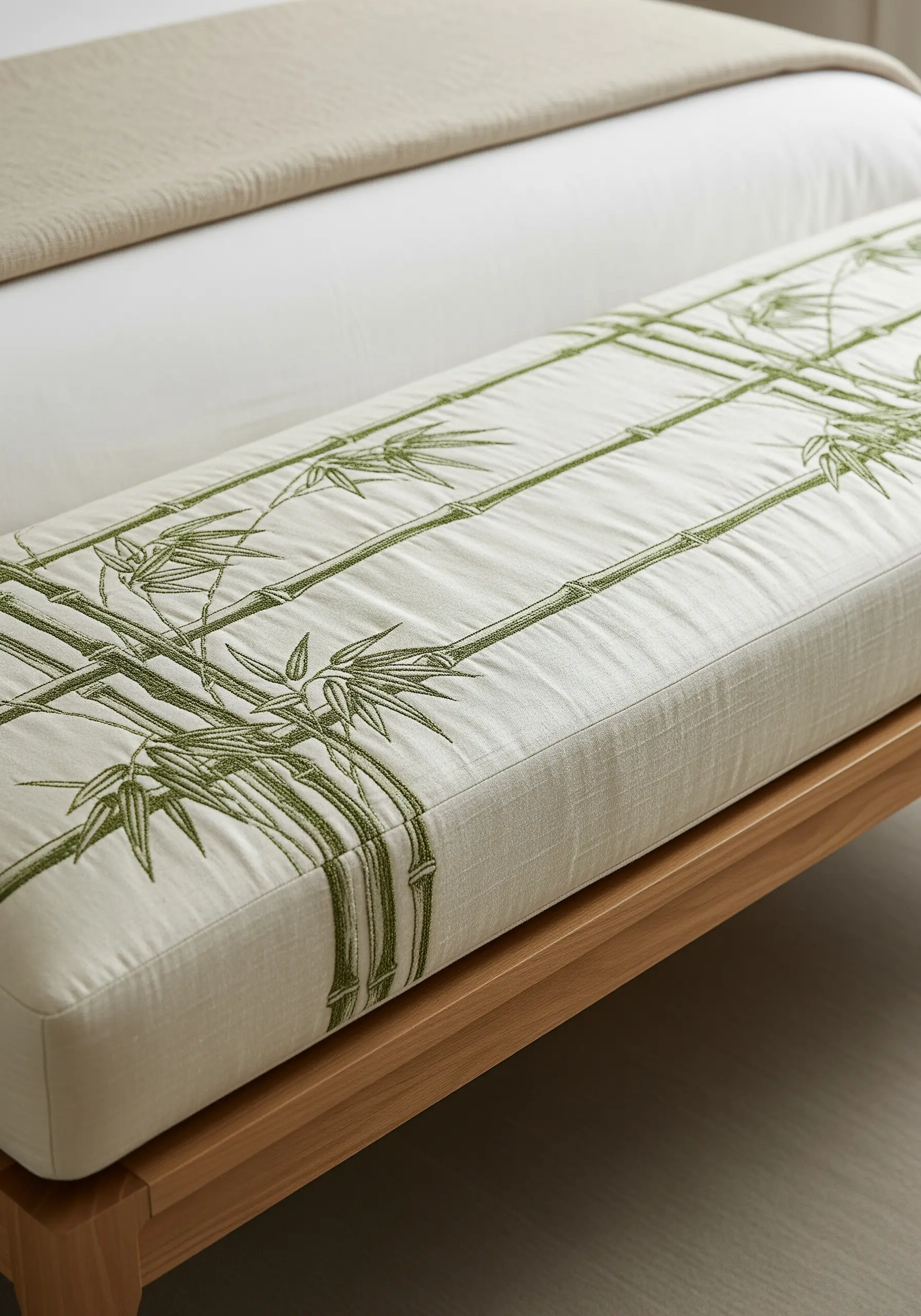 Green bamboo stalk and leaf embroidery pattern on an upholstered bedroom bench.