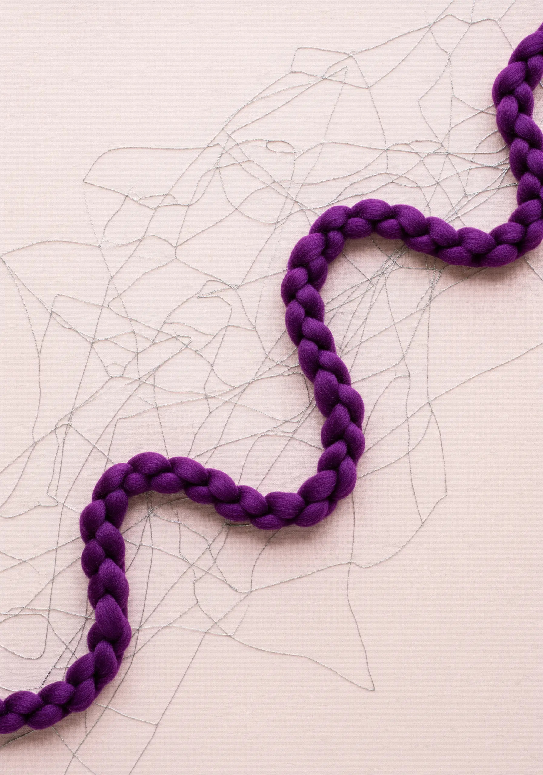 A thick, winding purple braid contrasts against a background of wispy, light gray threads.