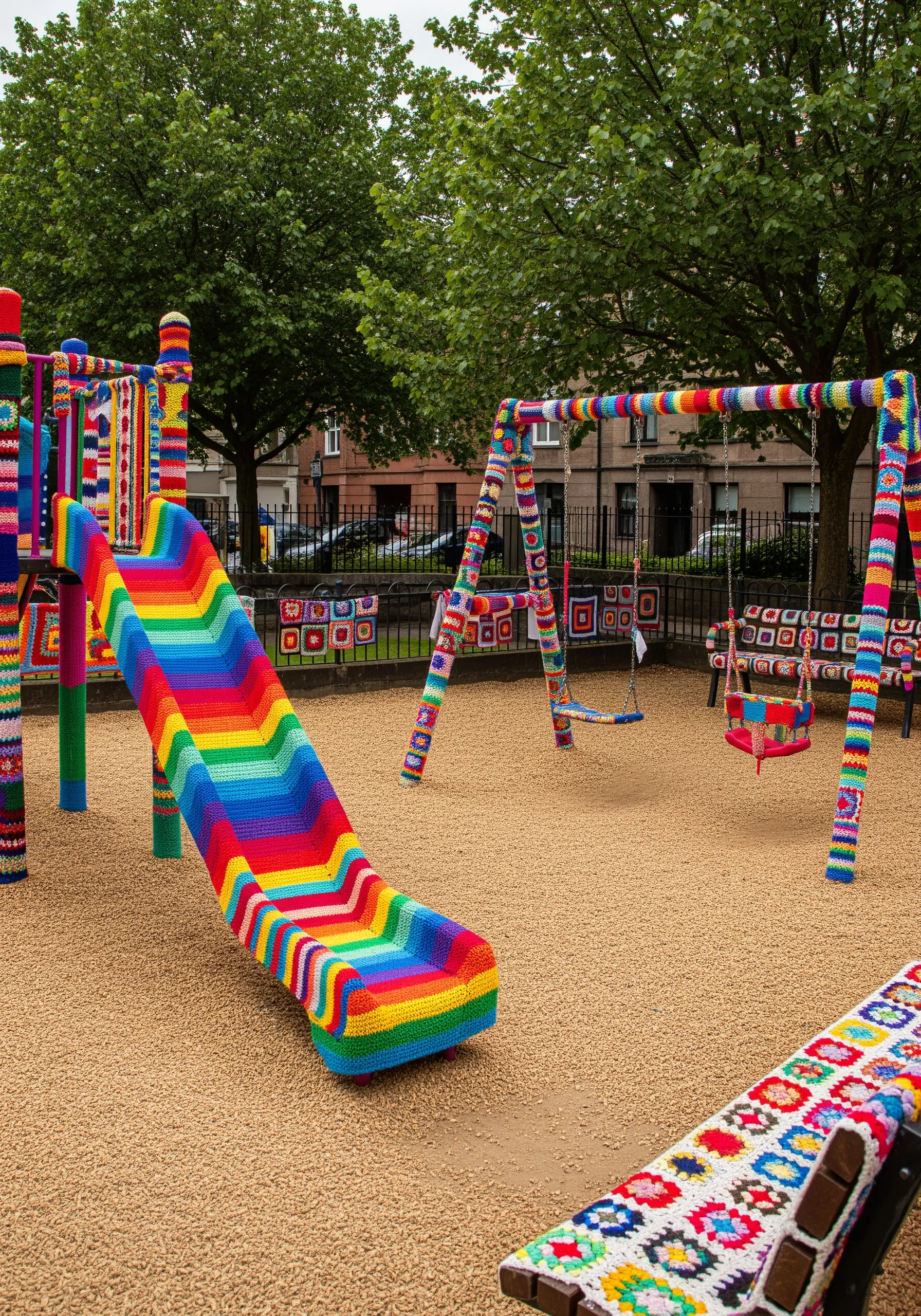 A children's playground slide, swingset, and benches completely covered in colorful crochet.