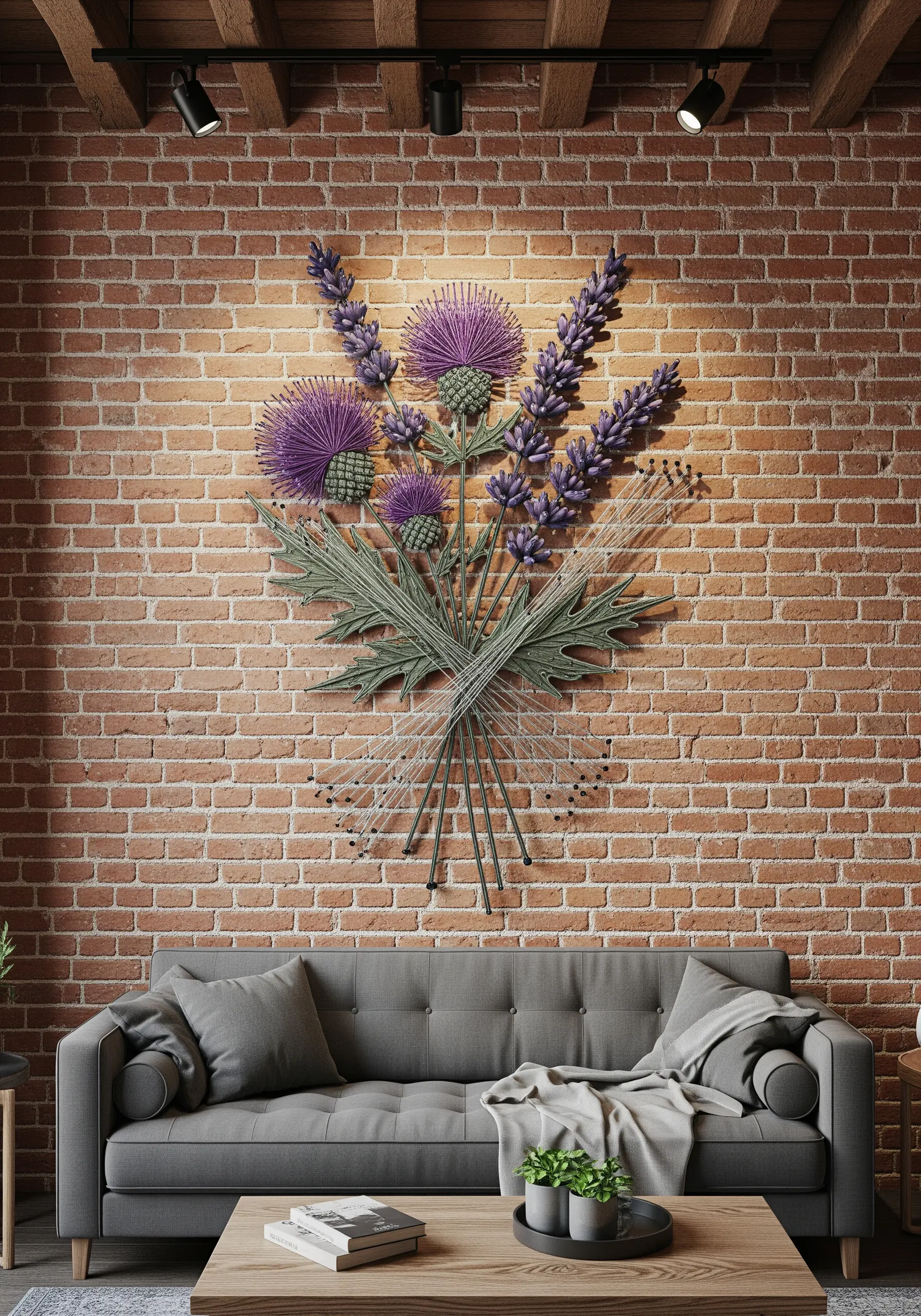 A string art bouquet of lavender and purple thistles against a brick wall.