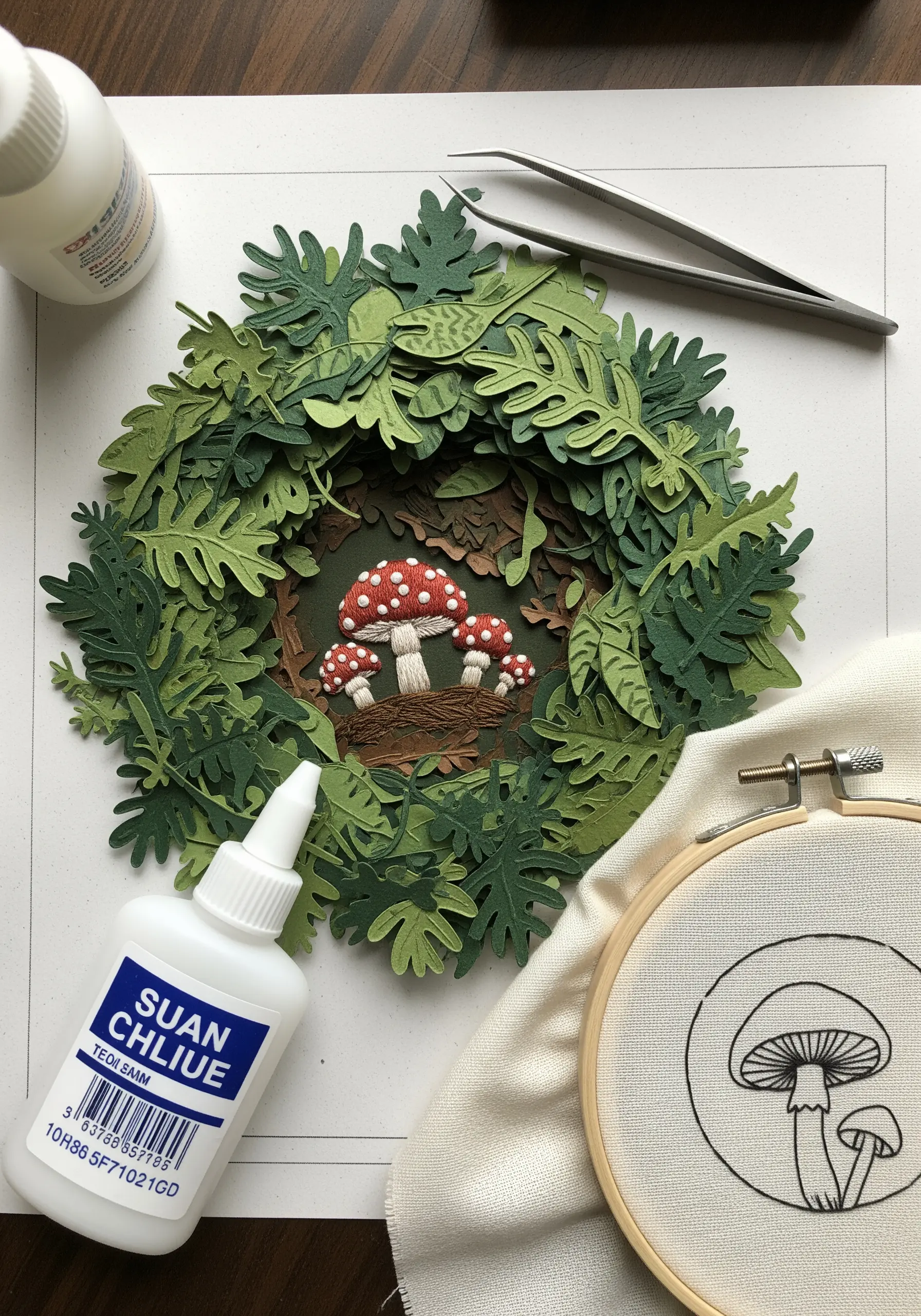 A layered paper-cut wreath diorama with embroidered red mushrooms at the center.