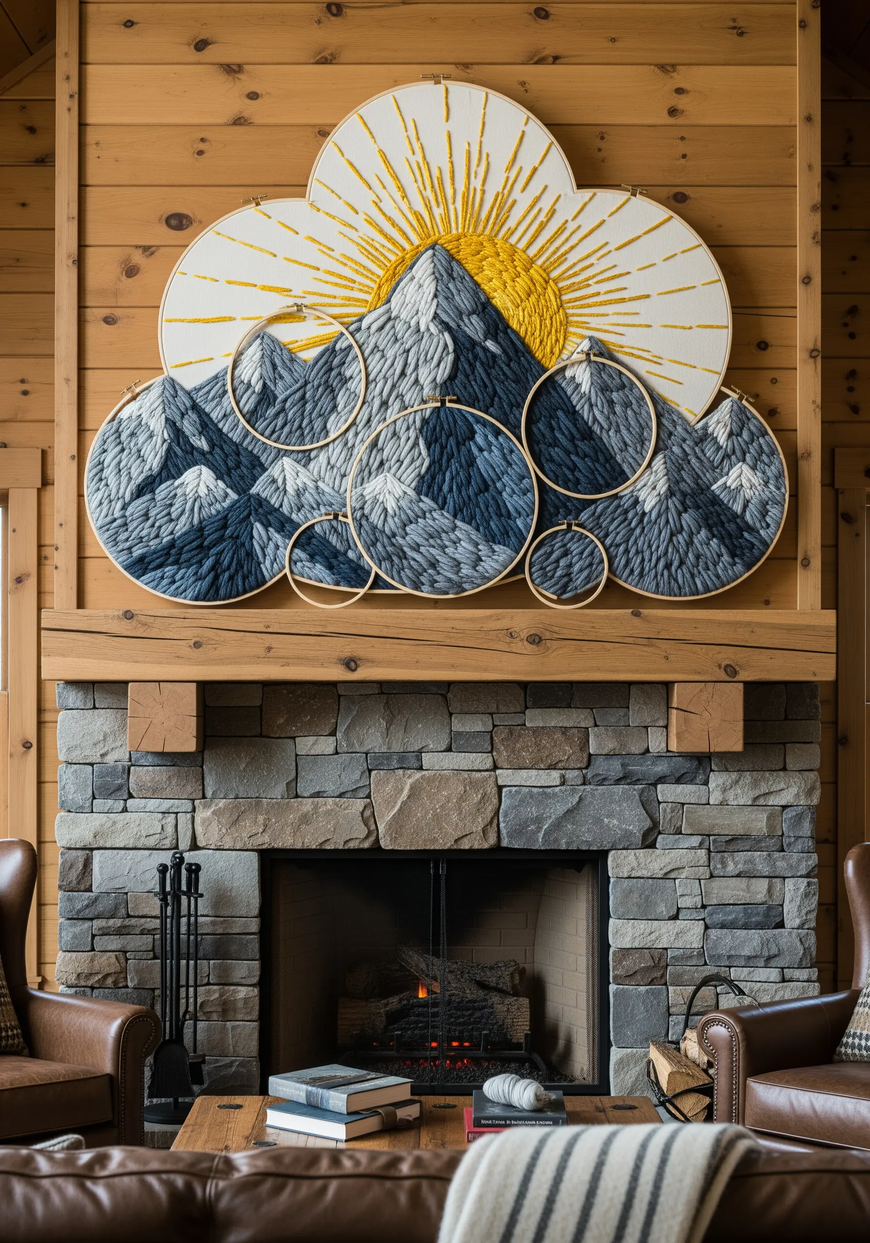 A multi-hoop embroidery mural of a mountain range with a radiant sun, stitched with thick yarn.
