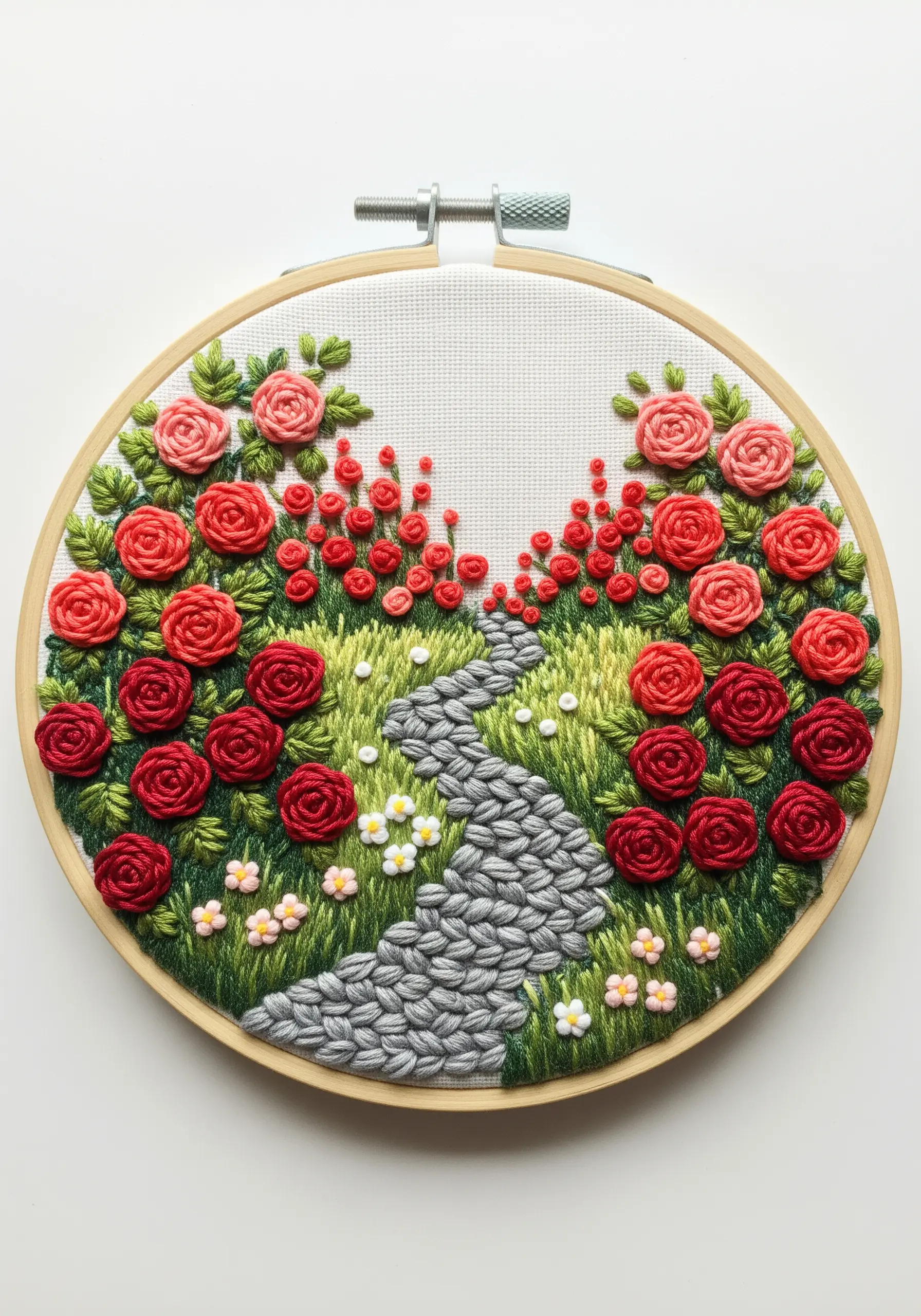 A miniature embroidered garden scene with a stone path, woven wheel roses, and French knot grass.