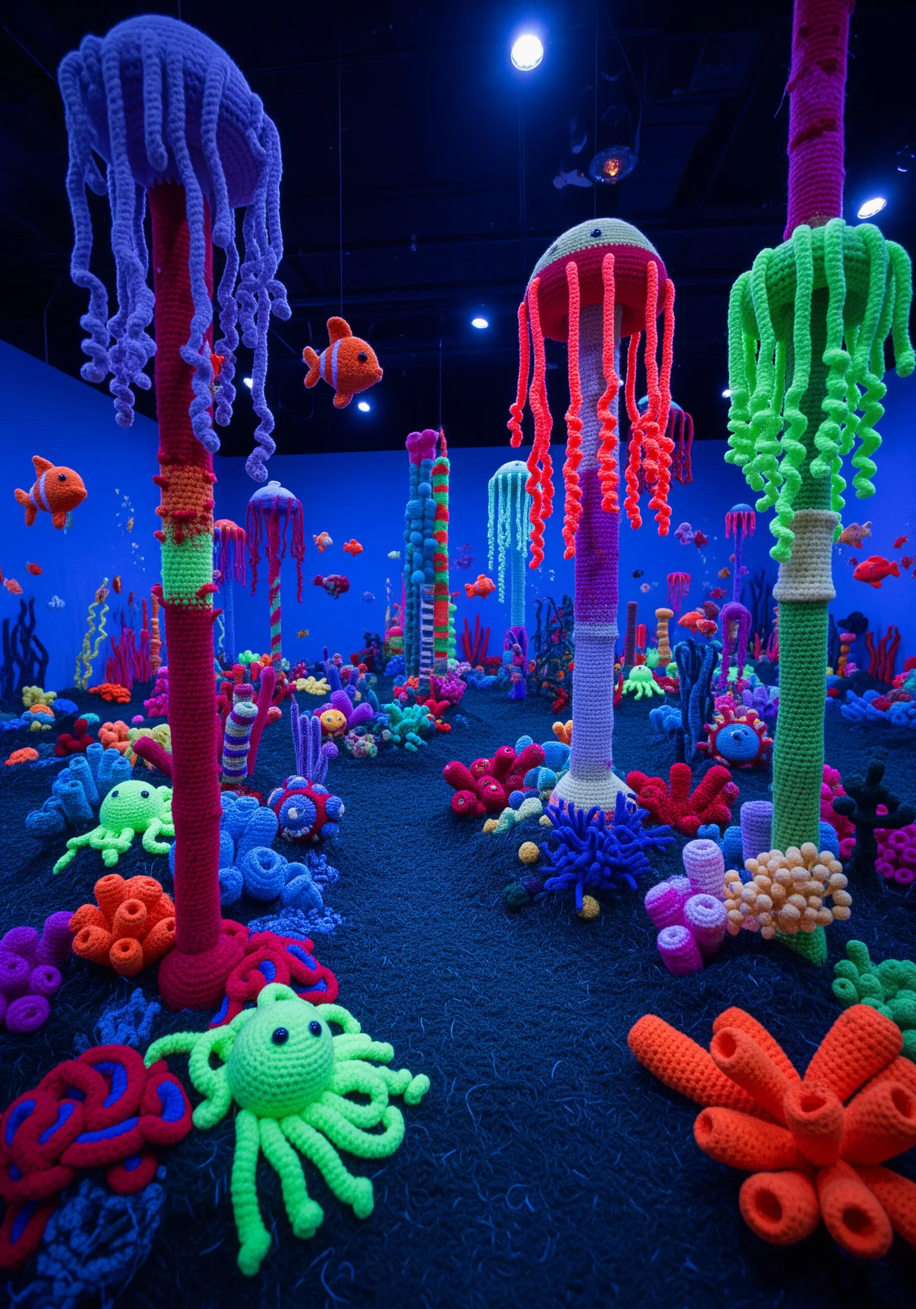 A vibrant, immersive underwater scene created entirely from colorful crocheted coral and sea creatures.