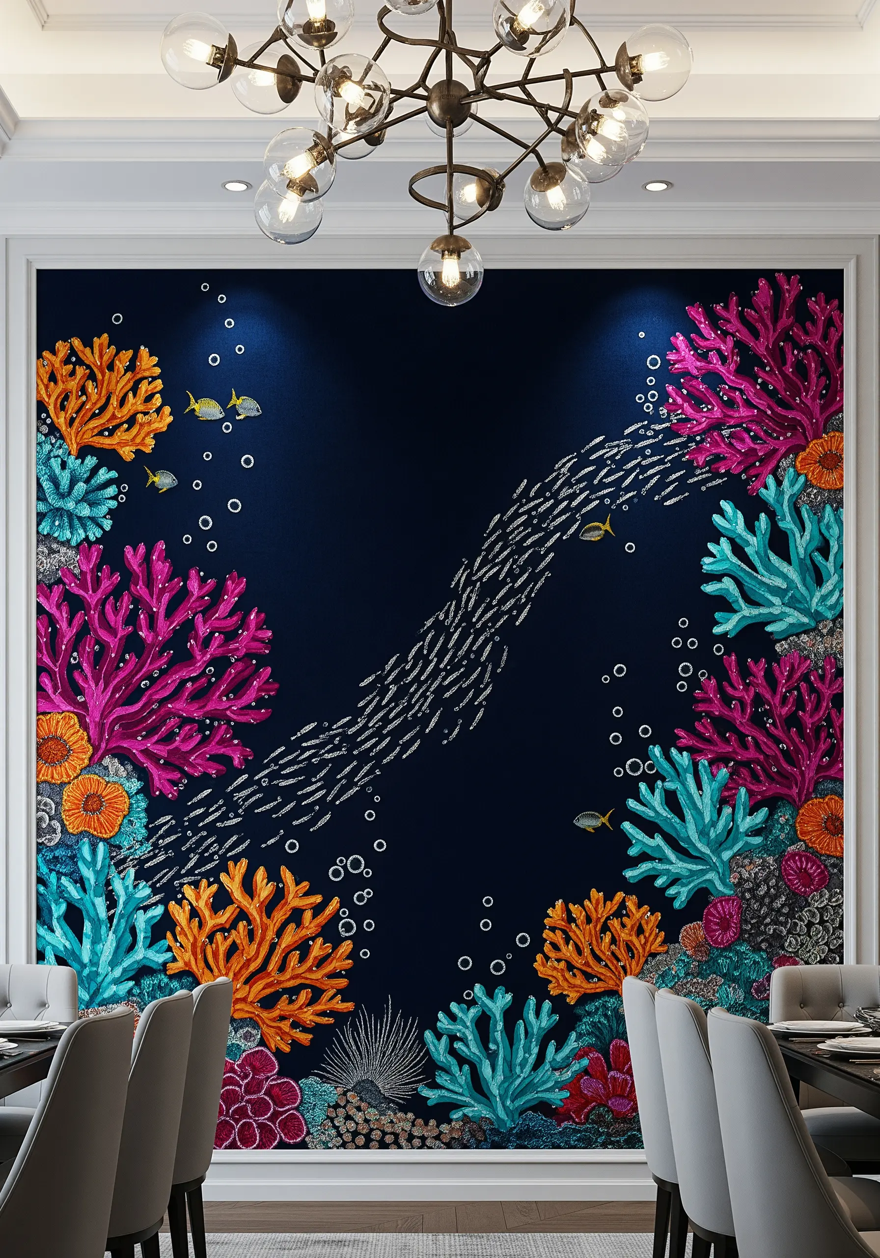 Embroidery wall art of a coral reef with French knots and vibrant threads on a dark background.
