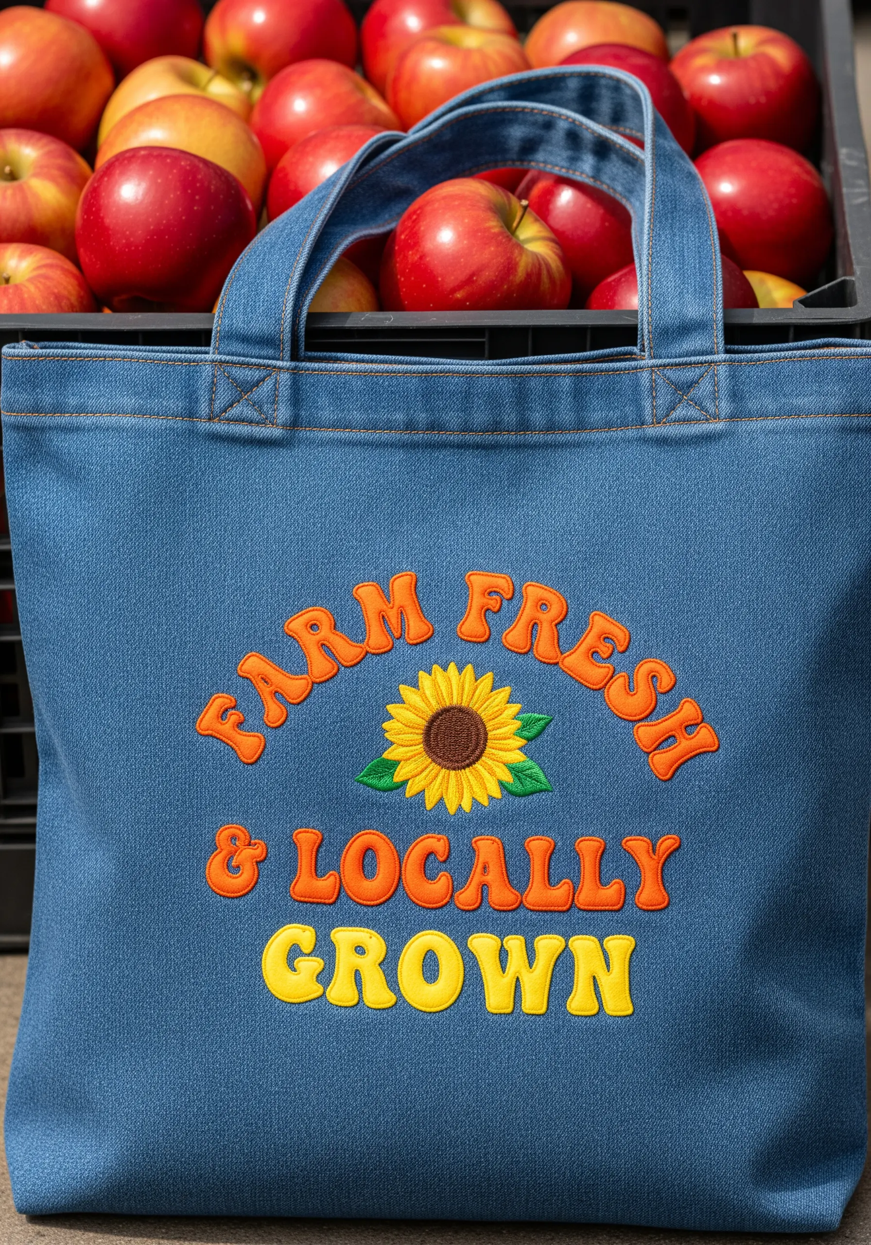 Denim tote bag with bold, orange and yellow appliqué-style embroidery saying 'Farm Fresh'.