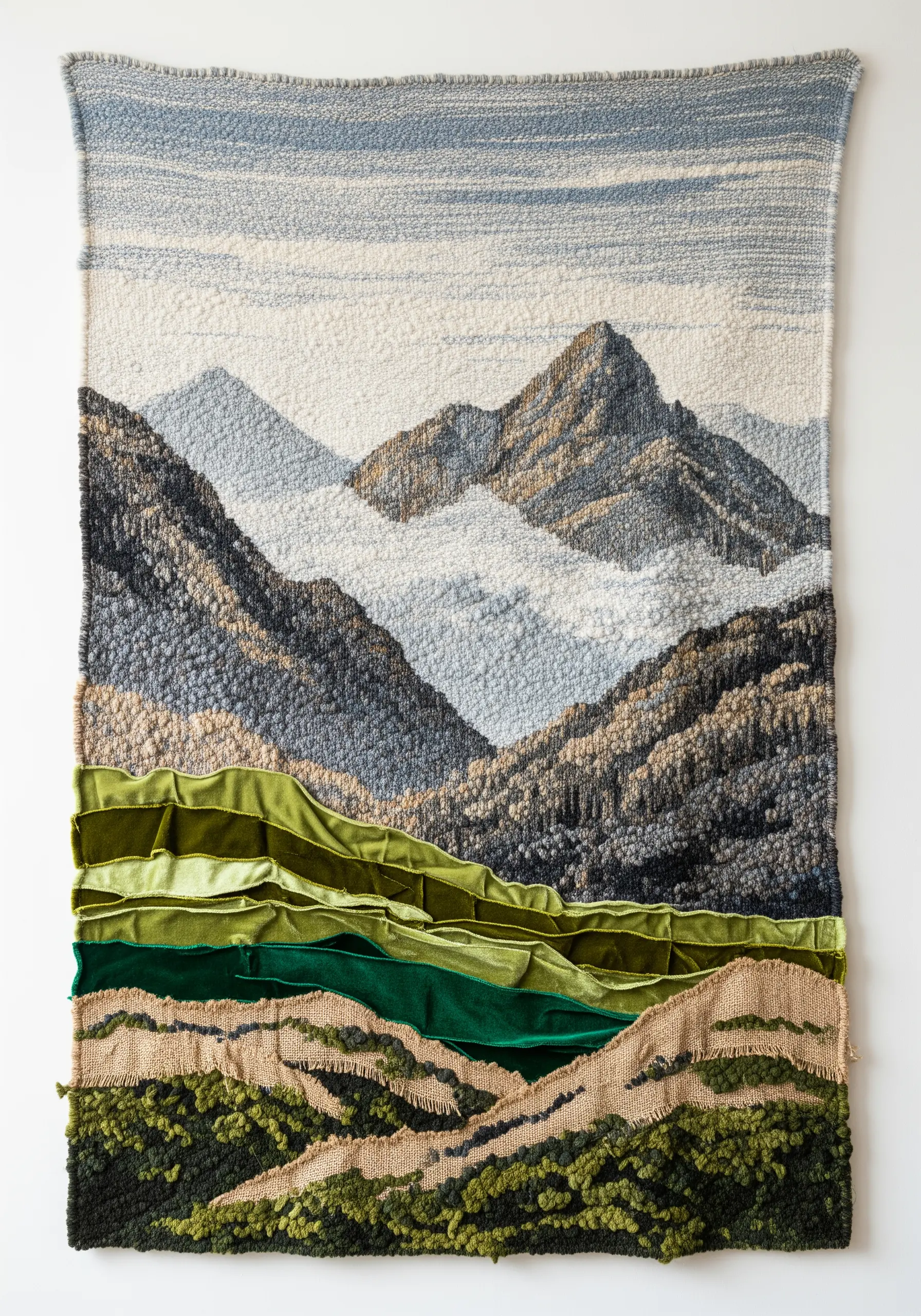 Woven landscape tapestry with mountains and a foreground of layered green and burlap fabrics.