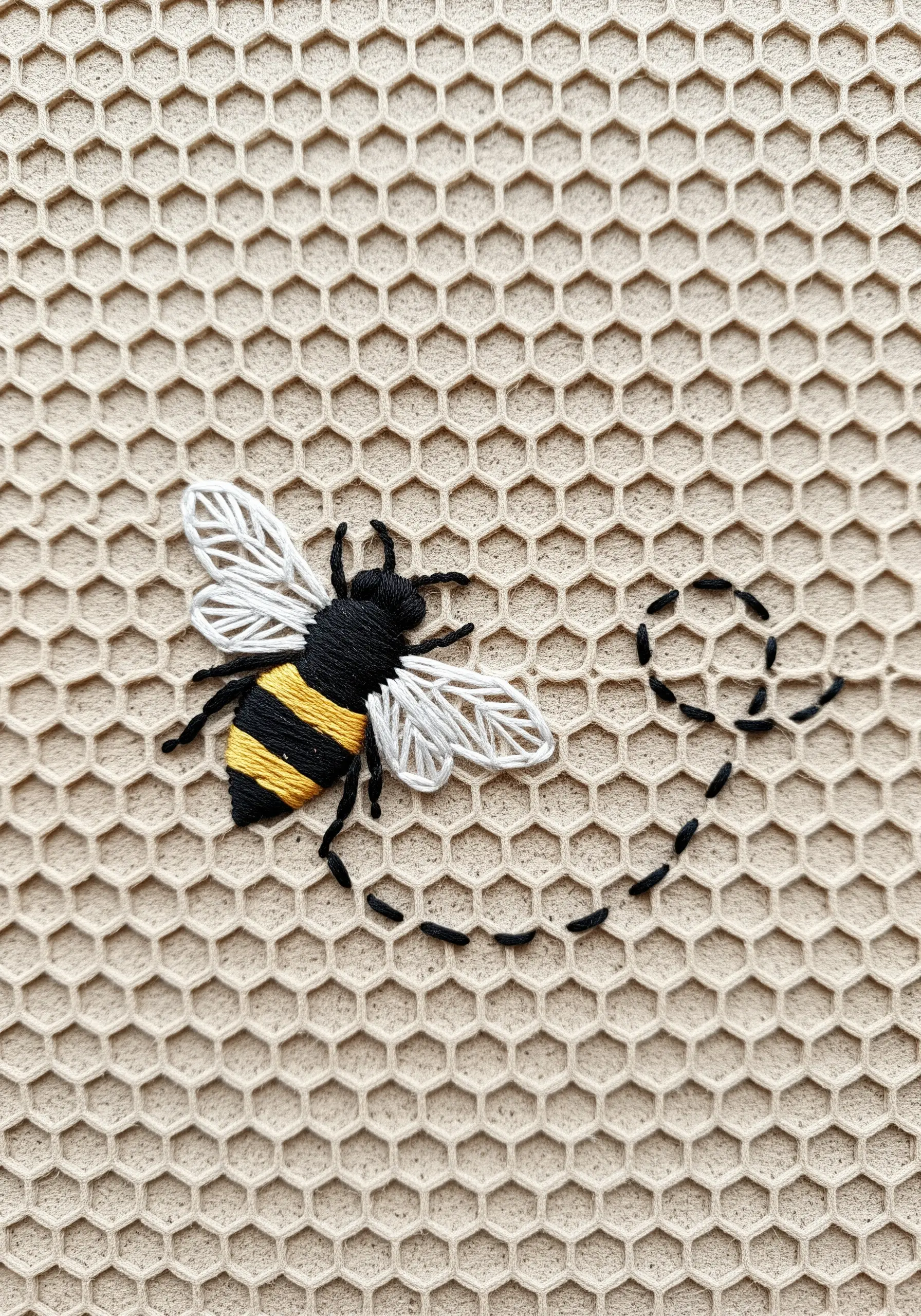 A detailed bumblebee embroidered on a honeycomb-textured fabric.