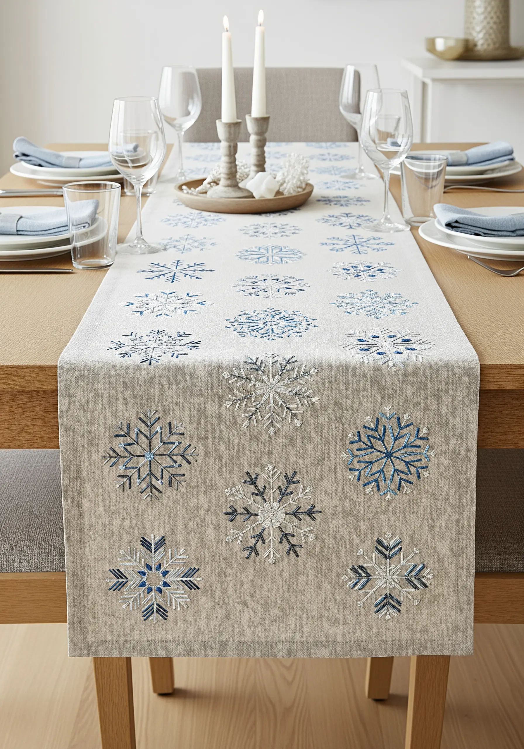 A neutral linen table runner decorated with a grid of embroidered snowflakes in blues and greys.