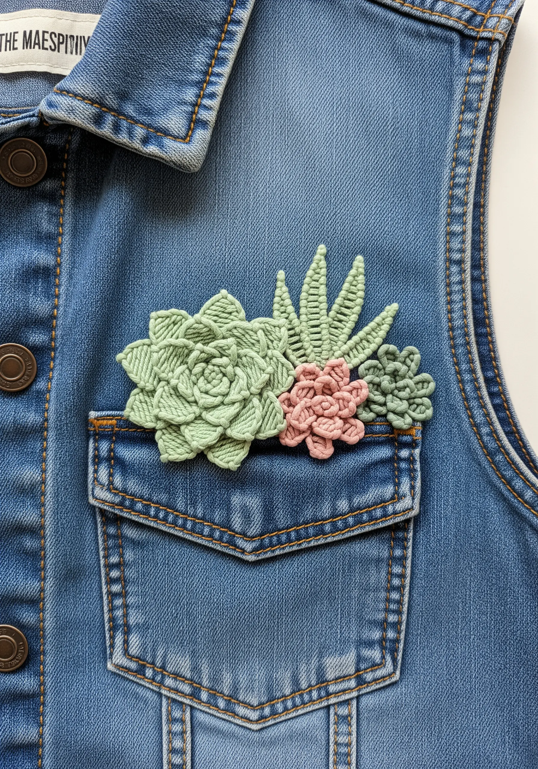 A 3D embroidered succulent arrangement with woven wheel stitches on a denim vest pocket.