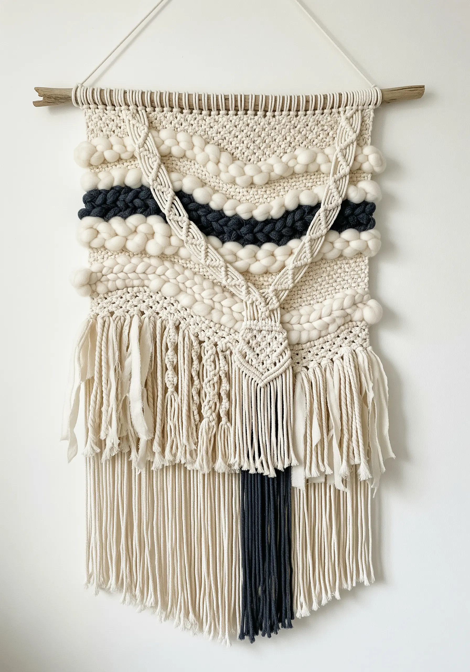 Woven wall hanging with macrame knots, chunky roving, and a neutral color palette.