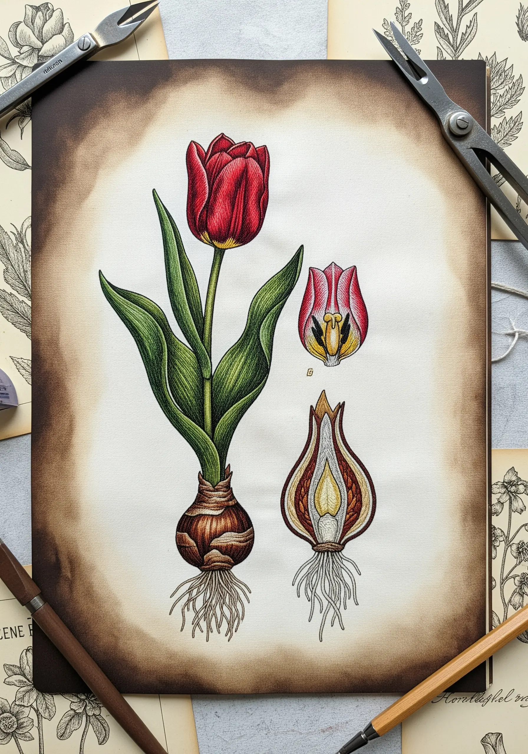 A vintage-style botanical illustration of a red tulip, including bulb and cross-section, on aged fabric.