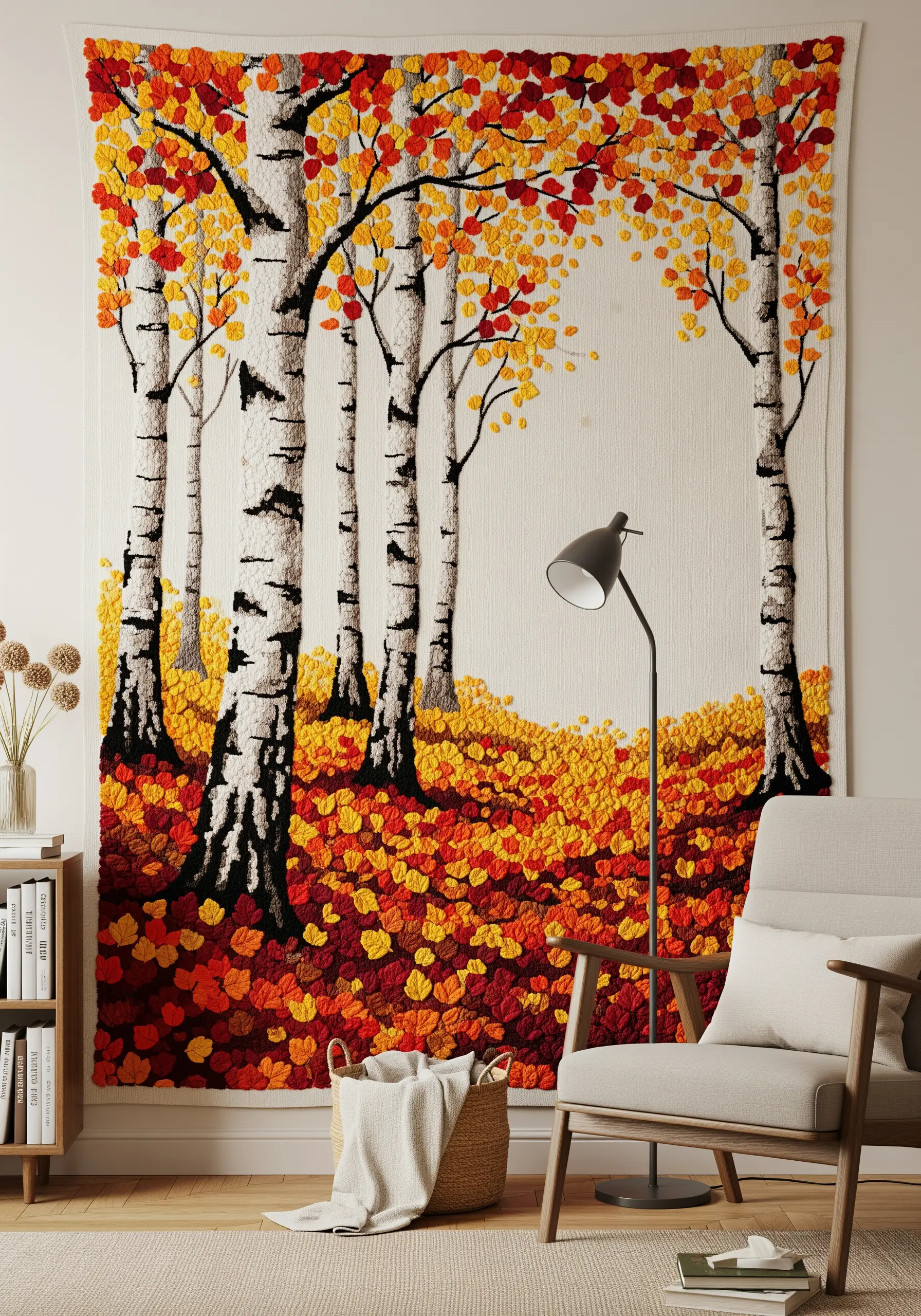 Textured embroidery wall hanging of birch trees in autumn with punch needle leaves on the ground.