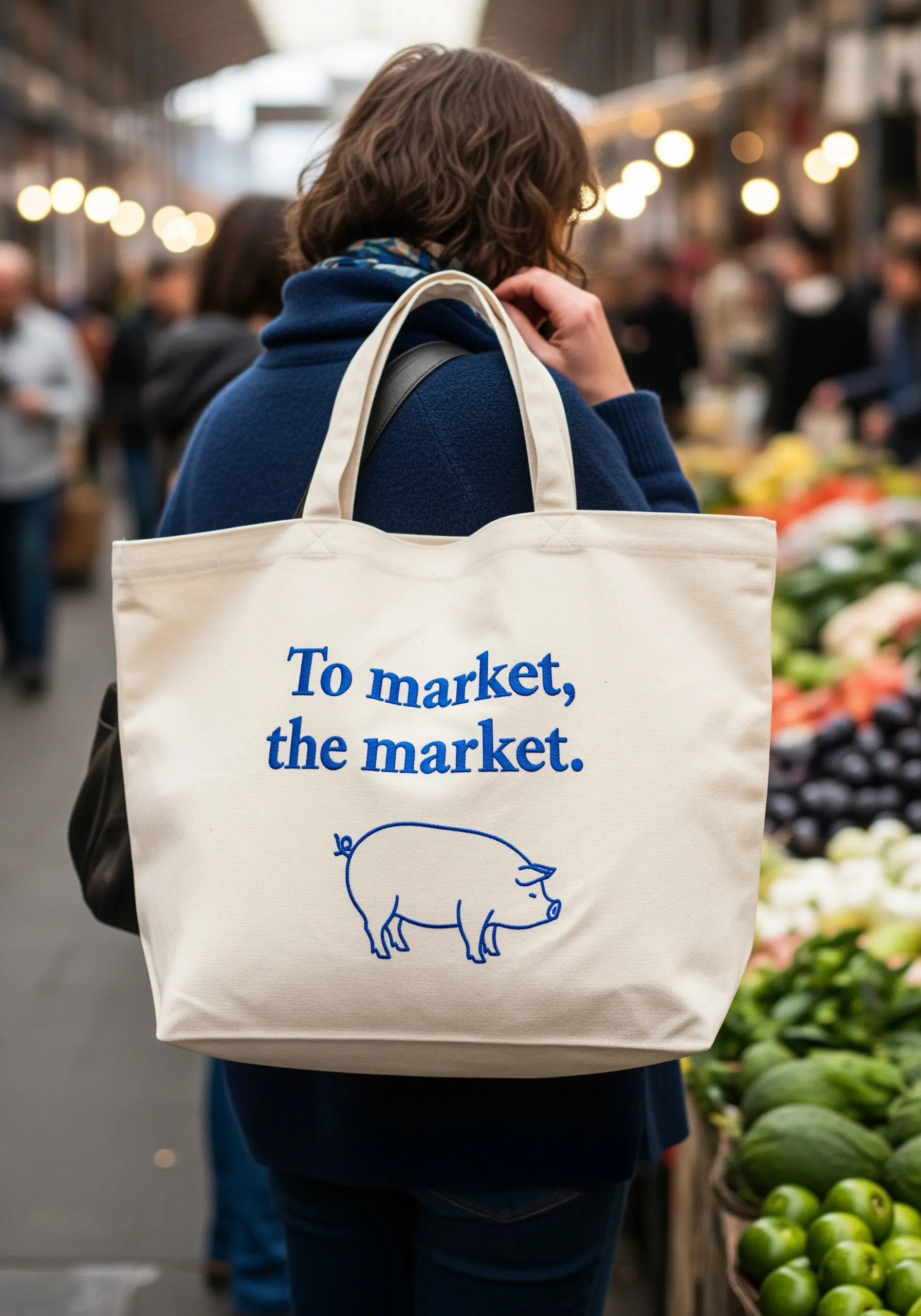 Simple tote bag with the quote 'To market, the market' and a line drawing of a pig.