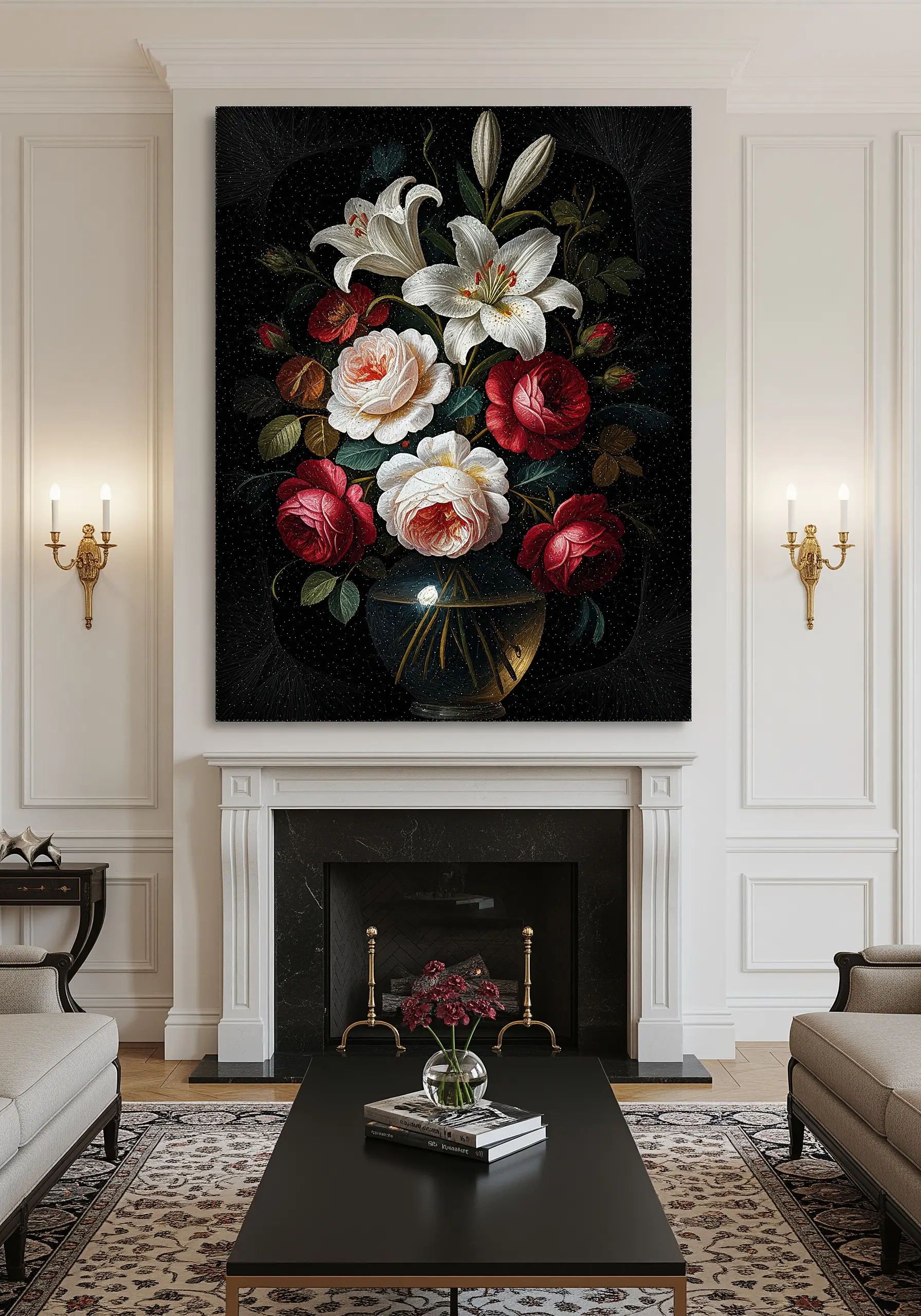 A hyperrealistic string art bouquet of roses and lilies in the style of a classical painting.