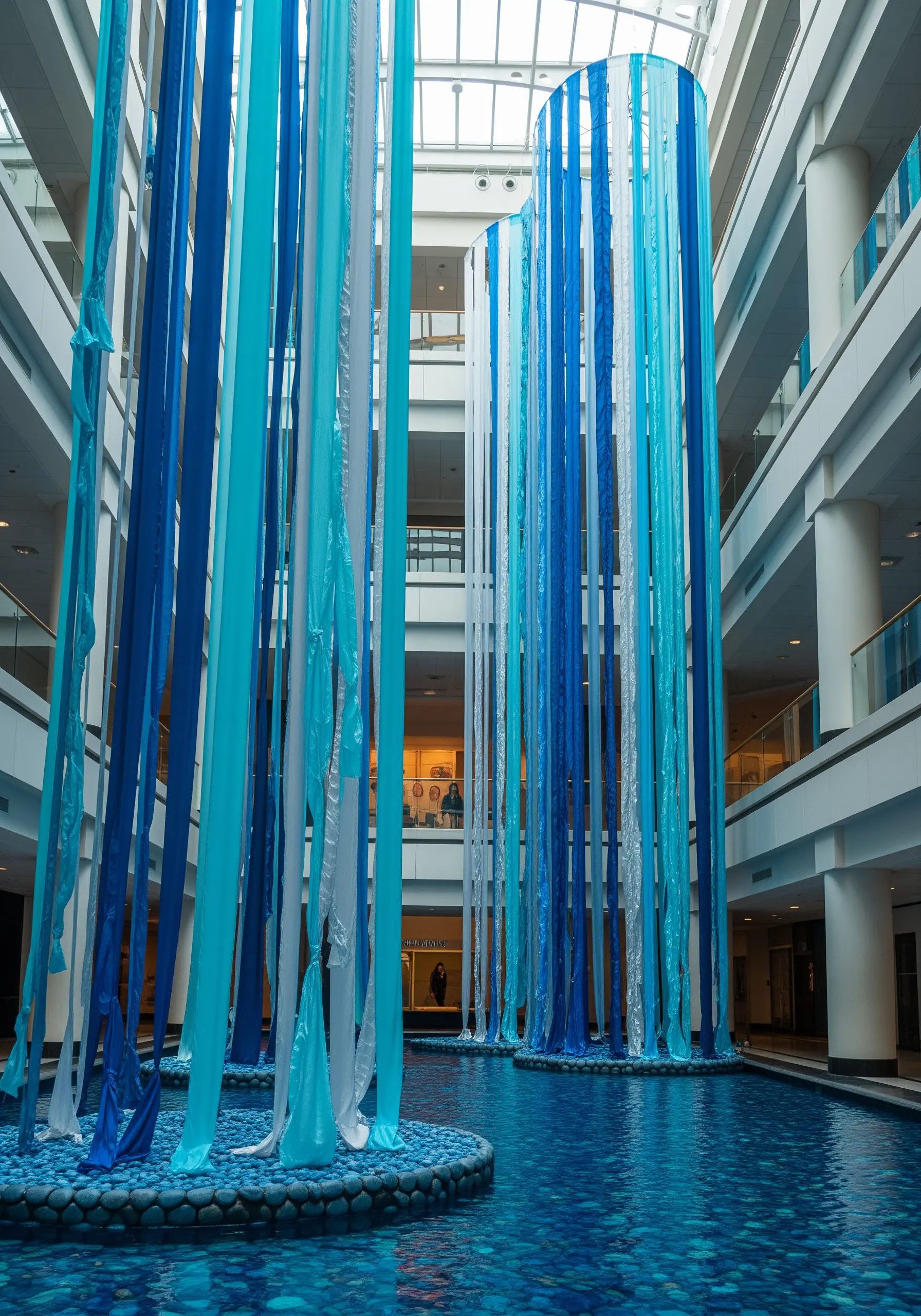 Tall columns of blue and white fabric strips cascading down into a pool of water in a bright atrium.