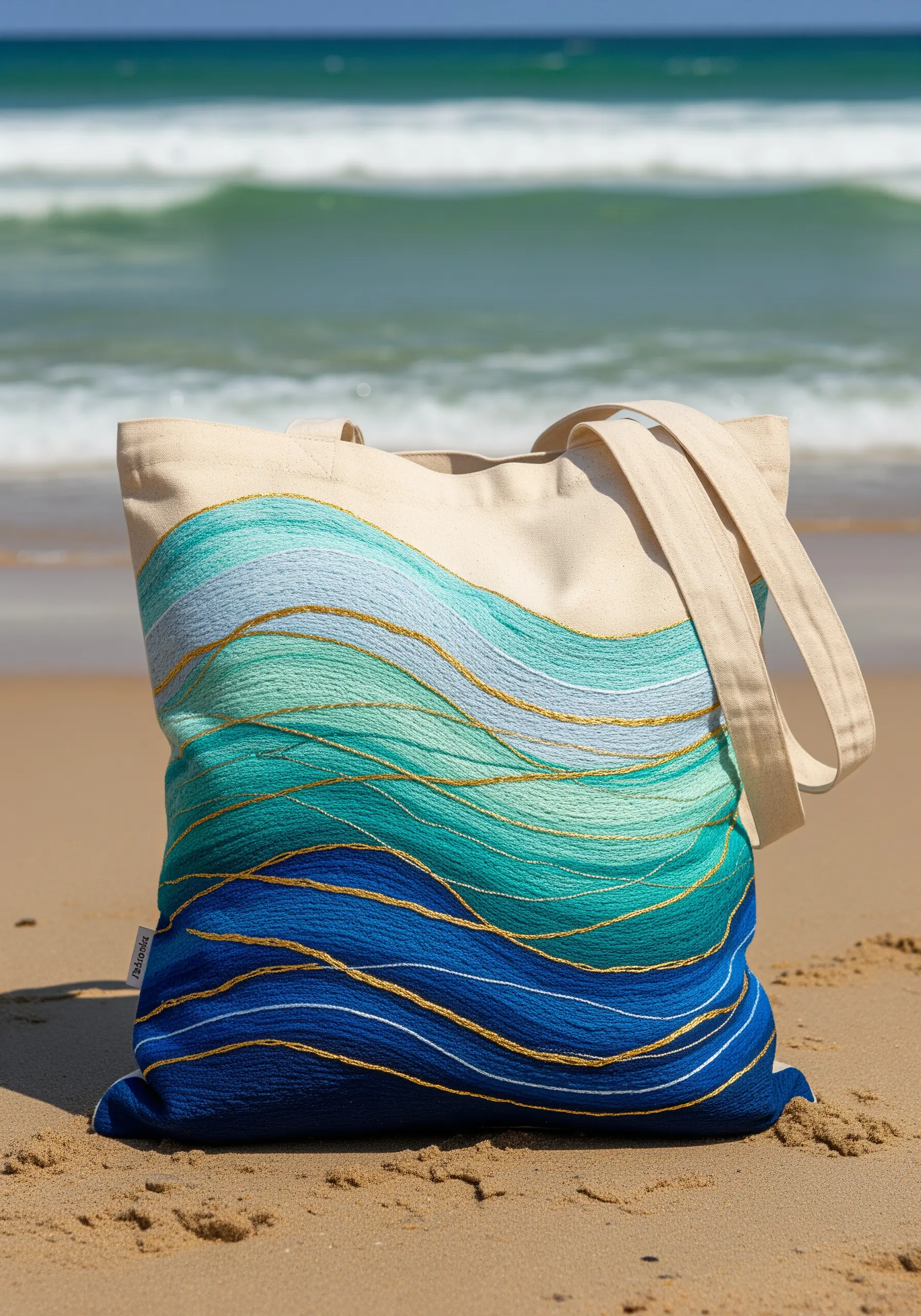Flowing ocean waves in shades of blue and green embroidered on a tote bag.
